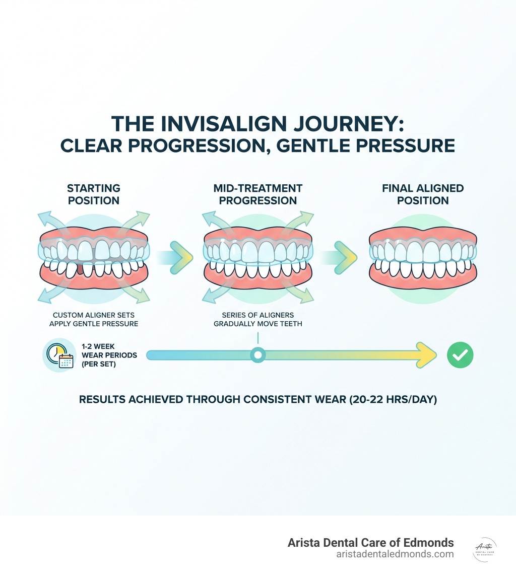 infographic showing how Invisalign clear aligners apply gentle pressure to teeth over time, with a series of aligners gradually moving teeth from their starting position to their final aligned position, including labels for custom aligner sets, 1-2 week wear periods, and the progression of tooth movement - Invisalign for adults infographic 