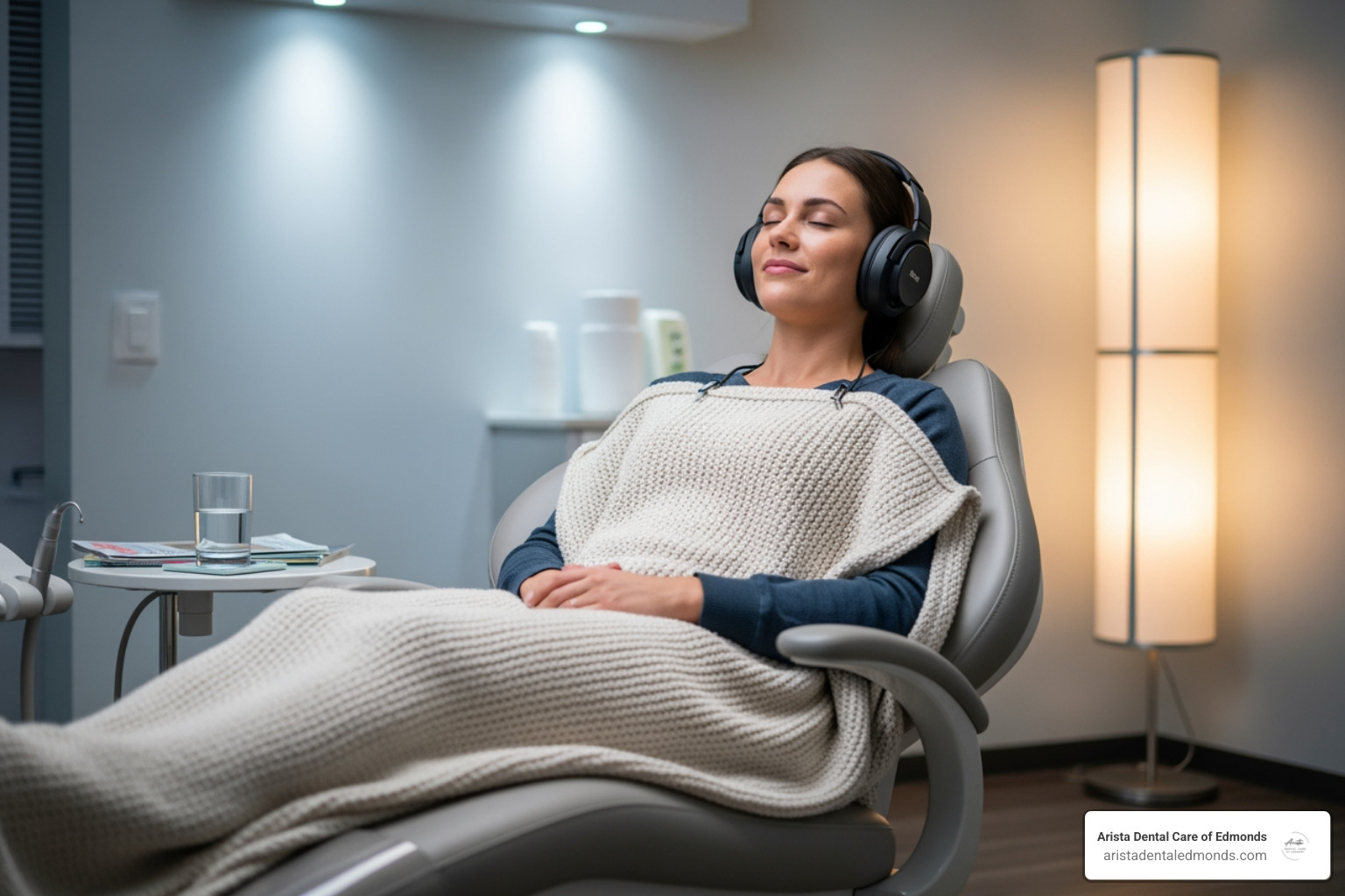 patient relaxing in dental chair with blanket and headphones - comfortable dental office
