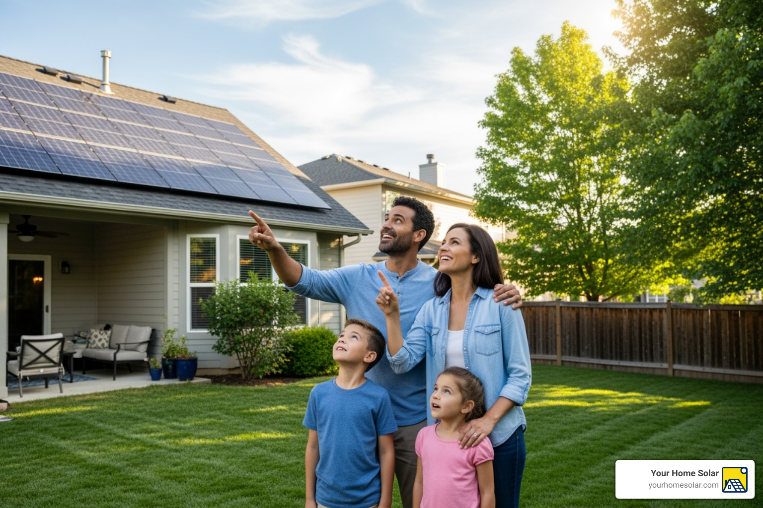 family admiring solar installation - clean energy solutions family admiring solar installation - clean energy solutions