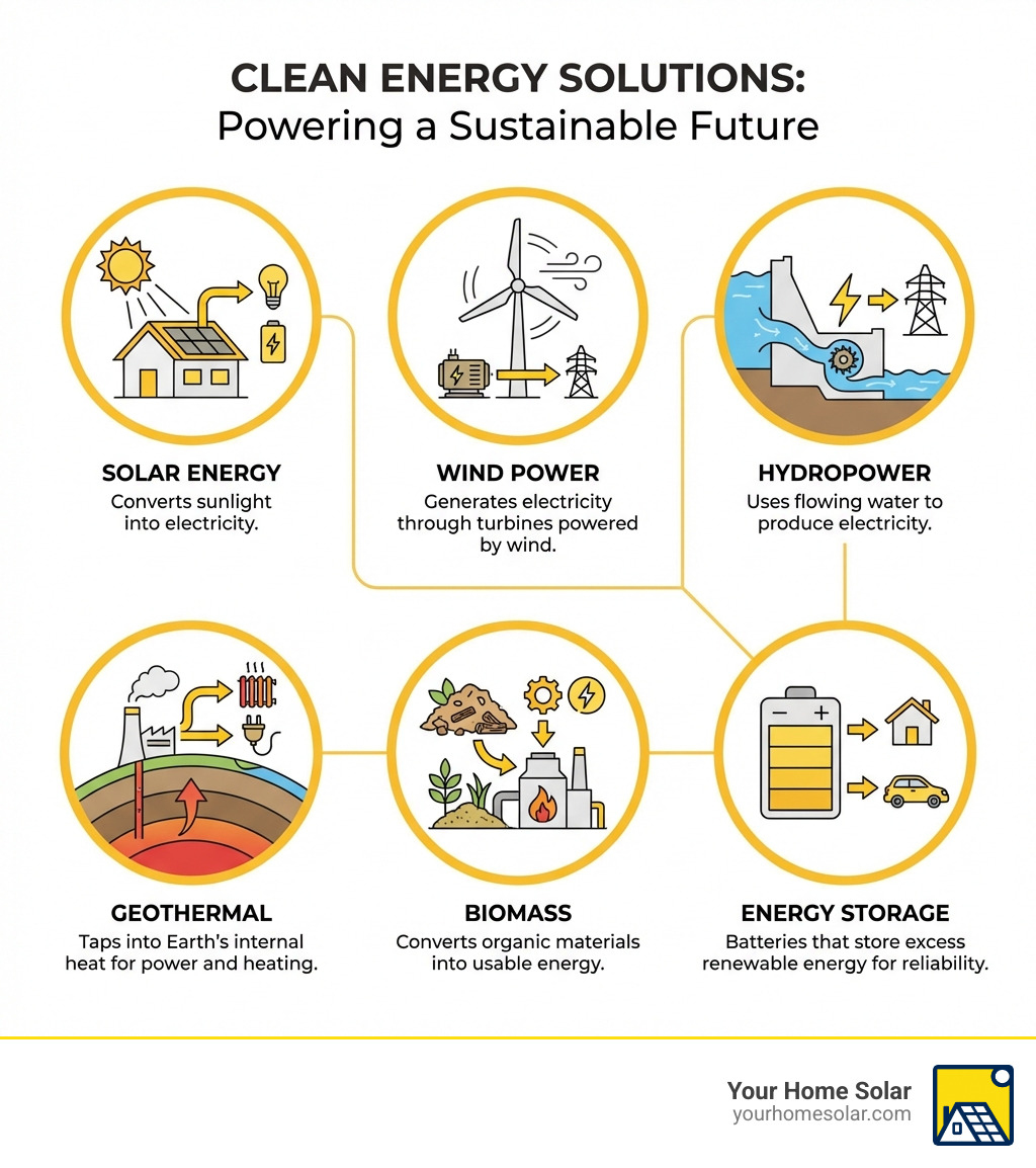 infographic showing the primary types of clean energy solutions: solar panels on rooftops converting sunlight to electricity, wind turbines generating power from wind, hydropower dams using water flow, geothermal systems tapping Earth's heat, biomass facilities converting organic matter to energy, and battery storage systems for reliability - clean energy solutions infographic infographic showing the primary types of clean energy solutions: solar panels on rooftops converting sunlight to electricity, wind turbines generating power from wind, hydropower dams using water flow, geothermal systems tapping Earth's heat, biomass facilities converting organic matter to energy, and battery storage systems for reliability - clean energy solutions infographic