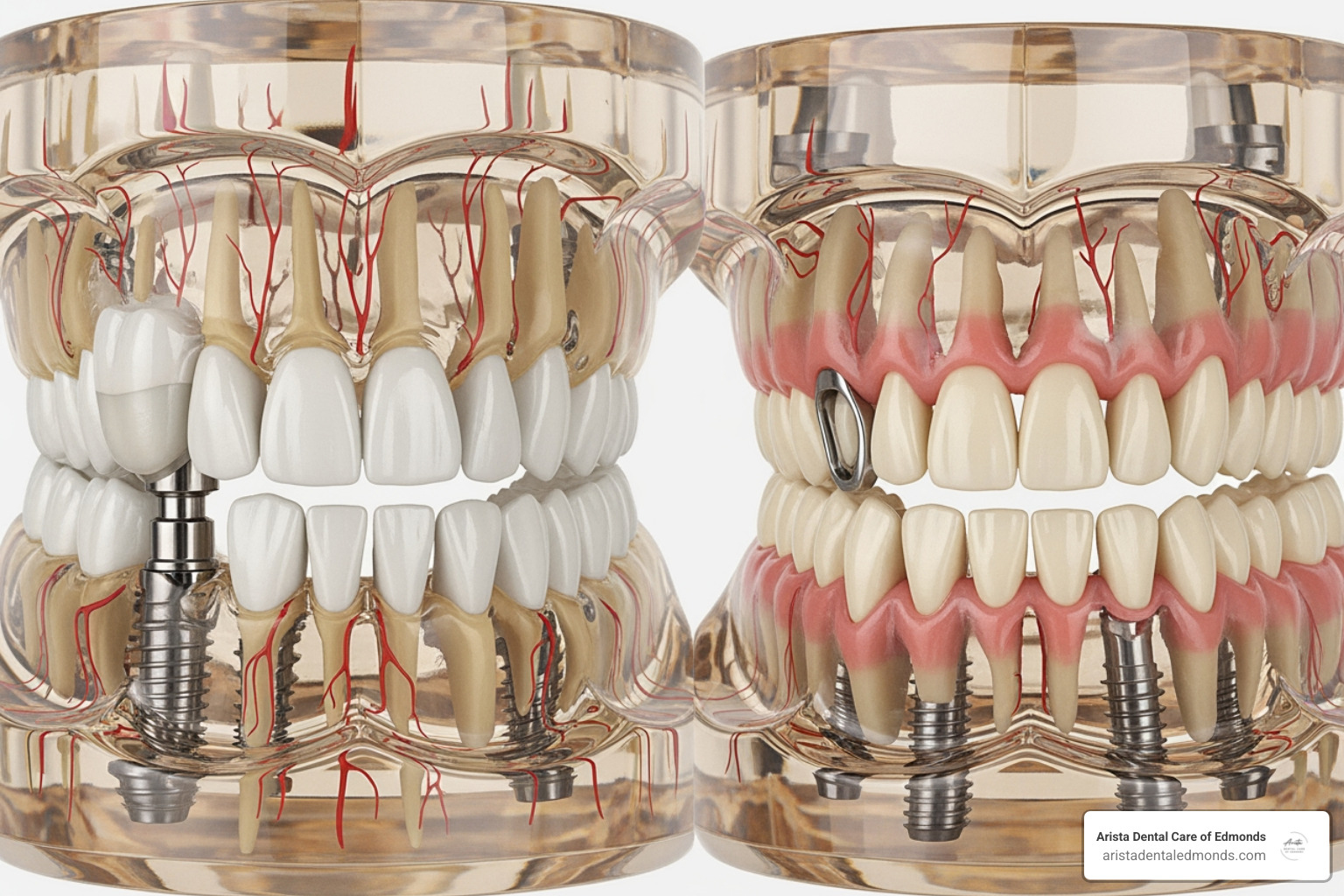 An image showing a single dental crown on an implant, an implant-supported bridge, and an implant-retained full denture, illustrating different restoration options - what are dental implants