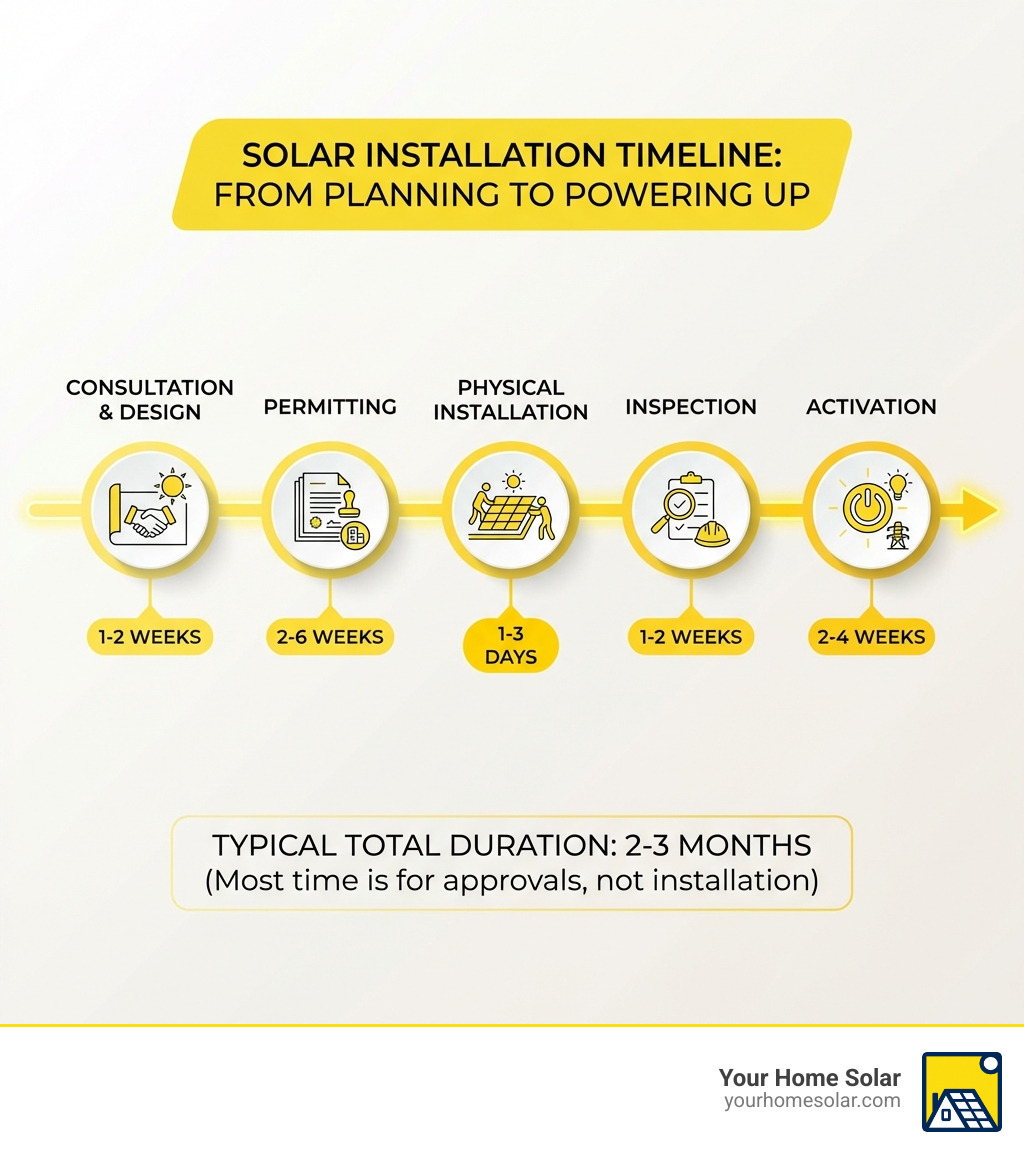 detailed infographic showing solar installation timeline from consultation through site assessment, permitting, installation, inspection, and activation with typical duration for each phase - procedure for solar panel installation infographic detailed infographic showing solar installation timeline from consultation through site assessment, permitting, installation, inspection, and activation with typical duration for each phase - procedure for solar panel installation infographic
