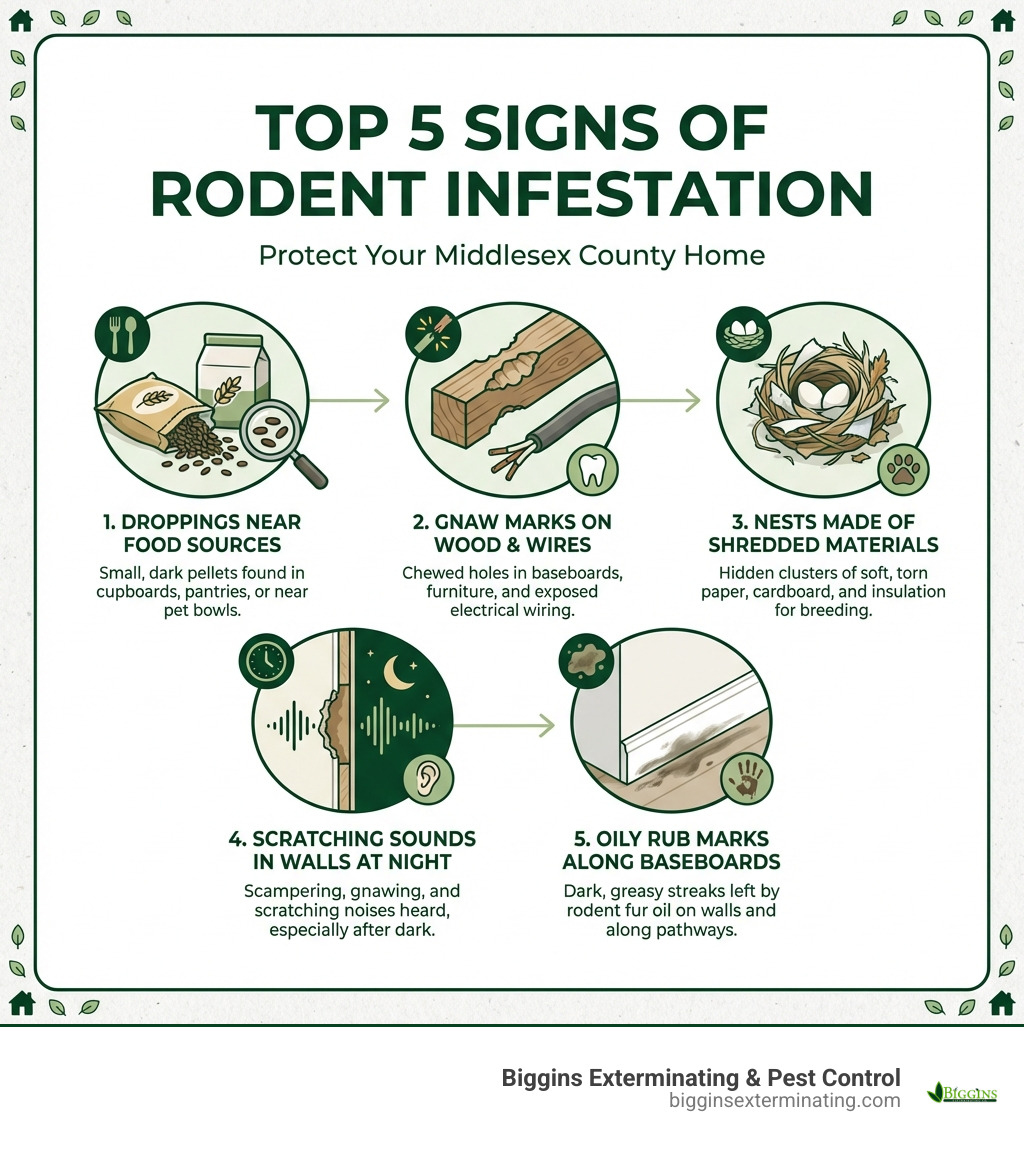 Infographic showing the top 5 signs of rodent infestation: mouse droppings near food sources, gnaw marks on wood and wires, nests made of shredded materials, scratching sounds in walls at night, and oily rub marks along baseboards and walls - Rodent control Middlesex County infographic Infographic showing the top 5 signs of rodent infestation: mouse droppings near food sources, gnaw marks on wood and wires, nests made of shredded materials, scratching sounds in walls at night, and oily rub marks along baseboards and walls - Rodent control Middlesex County infographic