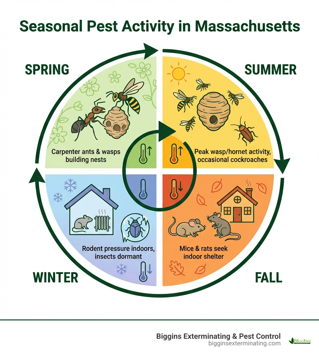 Infographic showing seasonal pest activity in Massachusetts: Spring brings carpenter ants and wasps building nests; Summer sees peak wasp and hornet activity plus occasional cockroaches; Fall brings mice and rats seeking indoor shelter as temperatures drop; Winter maintains rodent pressure indoors while most insects remain dormant - Best Pest Control Near Me infographic 