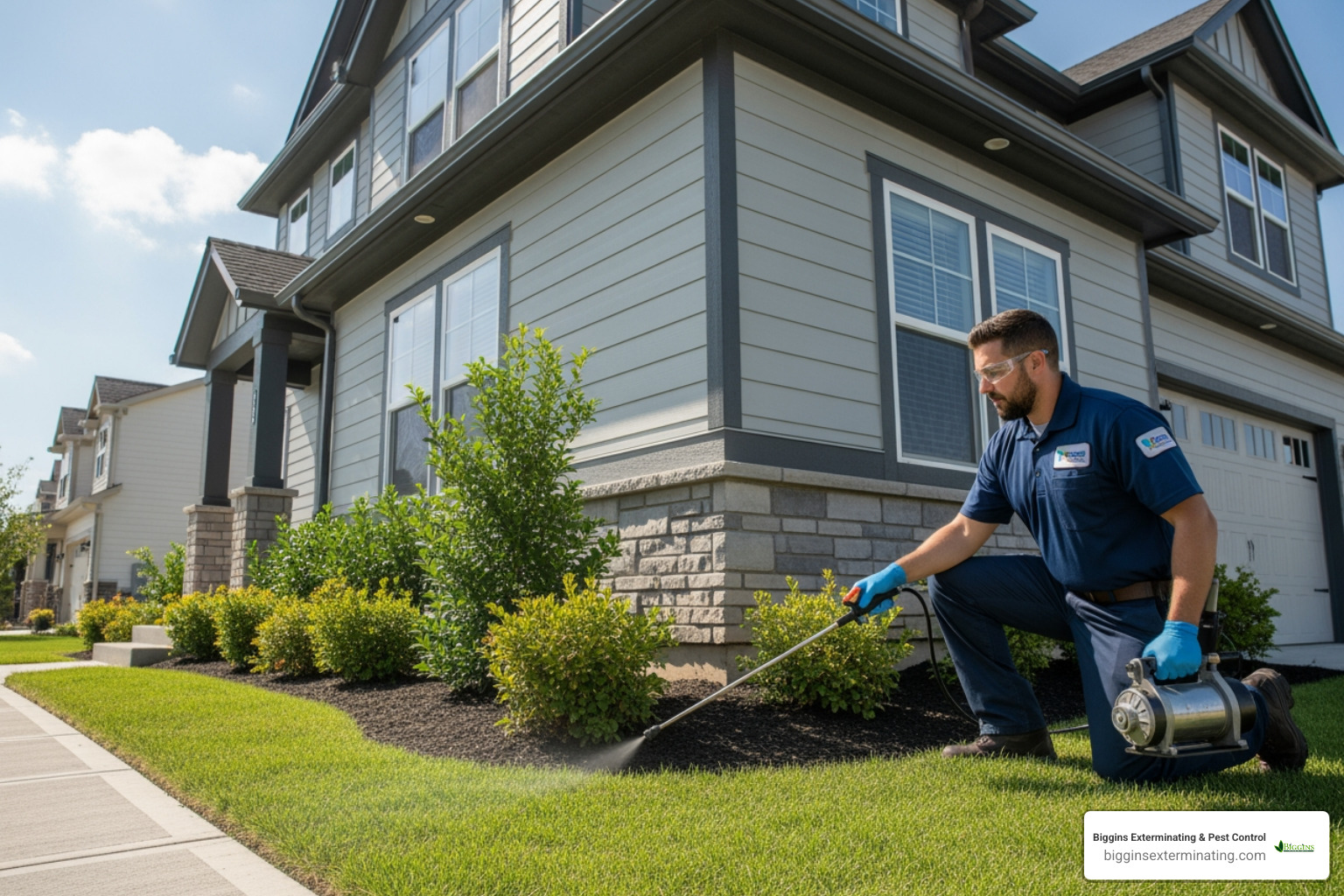licensed Biggins Exterminating technician safely applying treatment around a home's foundation - Best Pest Control Near Me