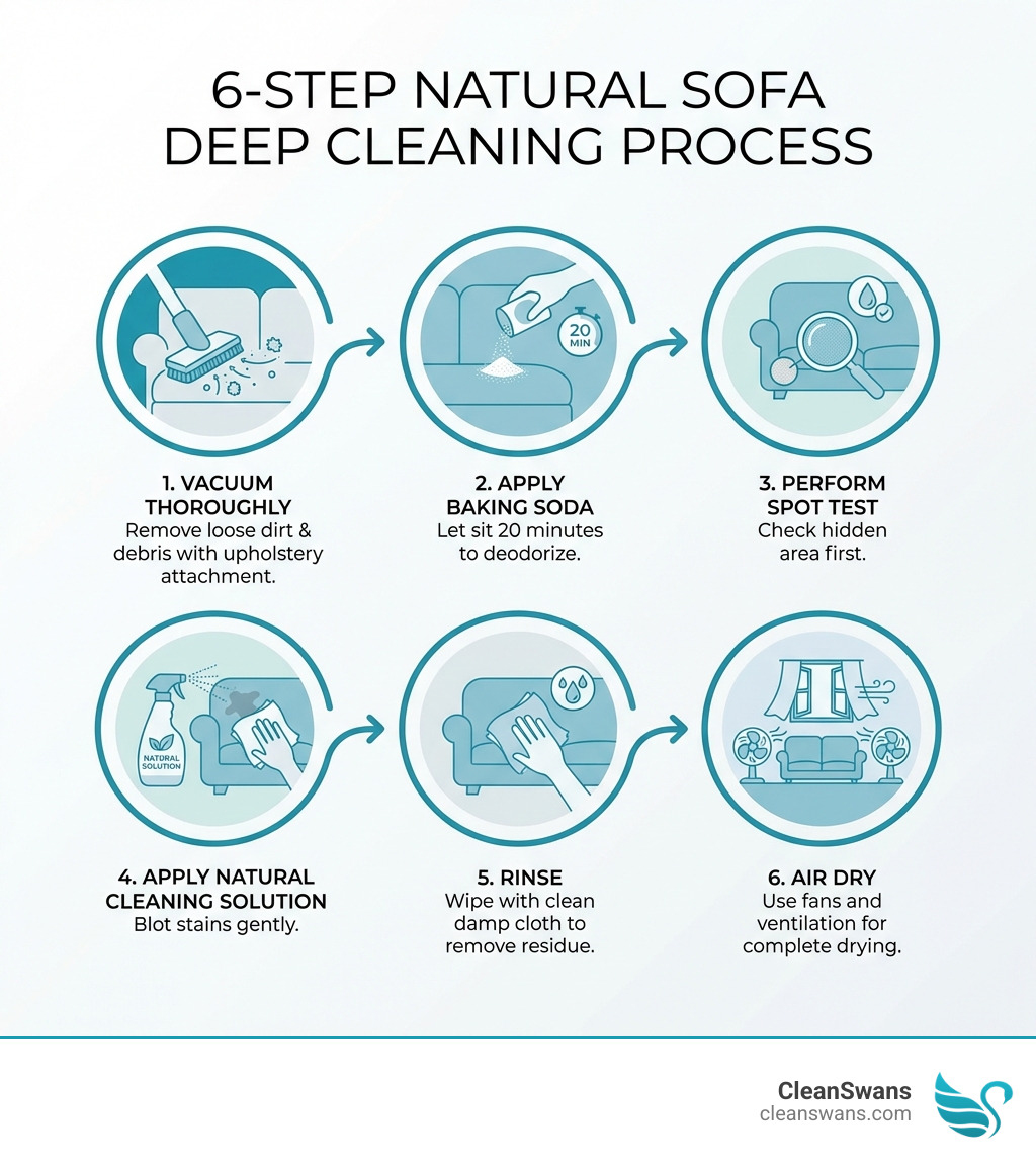 Infographic showing the 6-step natural sofa deep cleaning process: Step 1 - Vacuum thoroughly with upholstery attachment; Step 2 - Apply baking soda and let sit 20 minutes; Step 3 - Perform spot test on hidden area; Step 4 - Apply natural cleaning solution and blot stains; Step 5 - Rinse with clean damp cloth; Step 6 - Air dry with fans and ventilation - deep cleaning of sofa infographic 