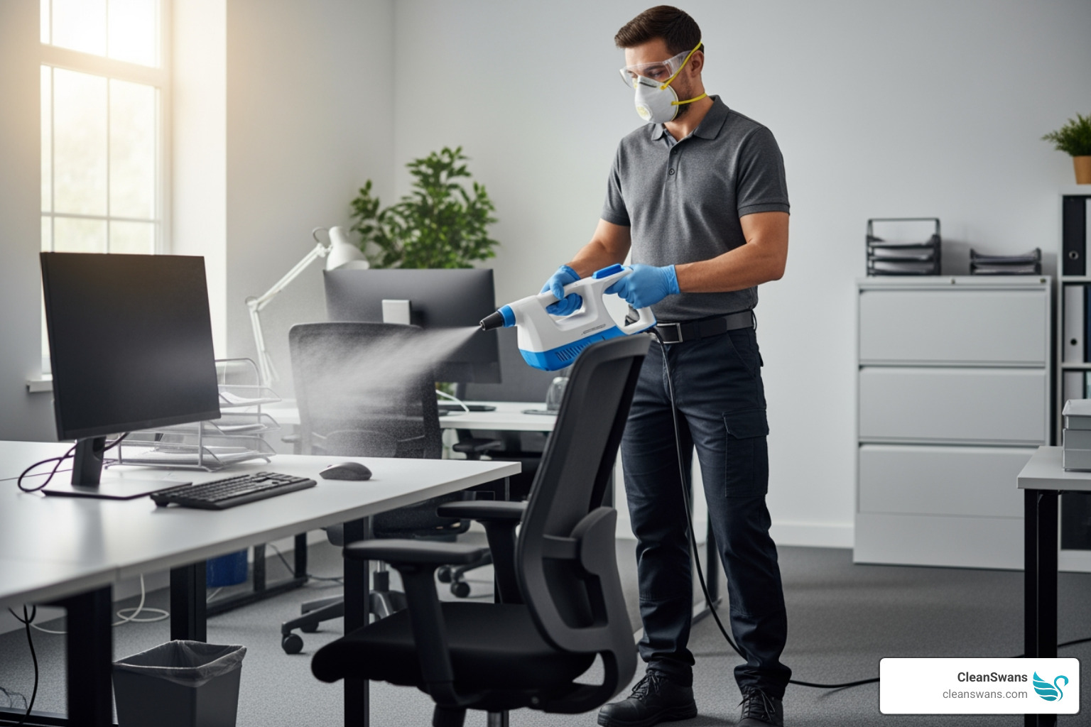 Commercial cleaning professional using an electrostatic sprayer in an office - residential and commercial cleaning