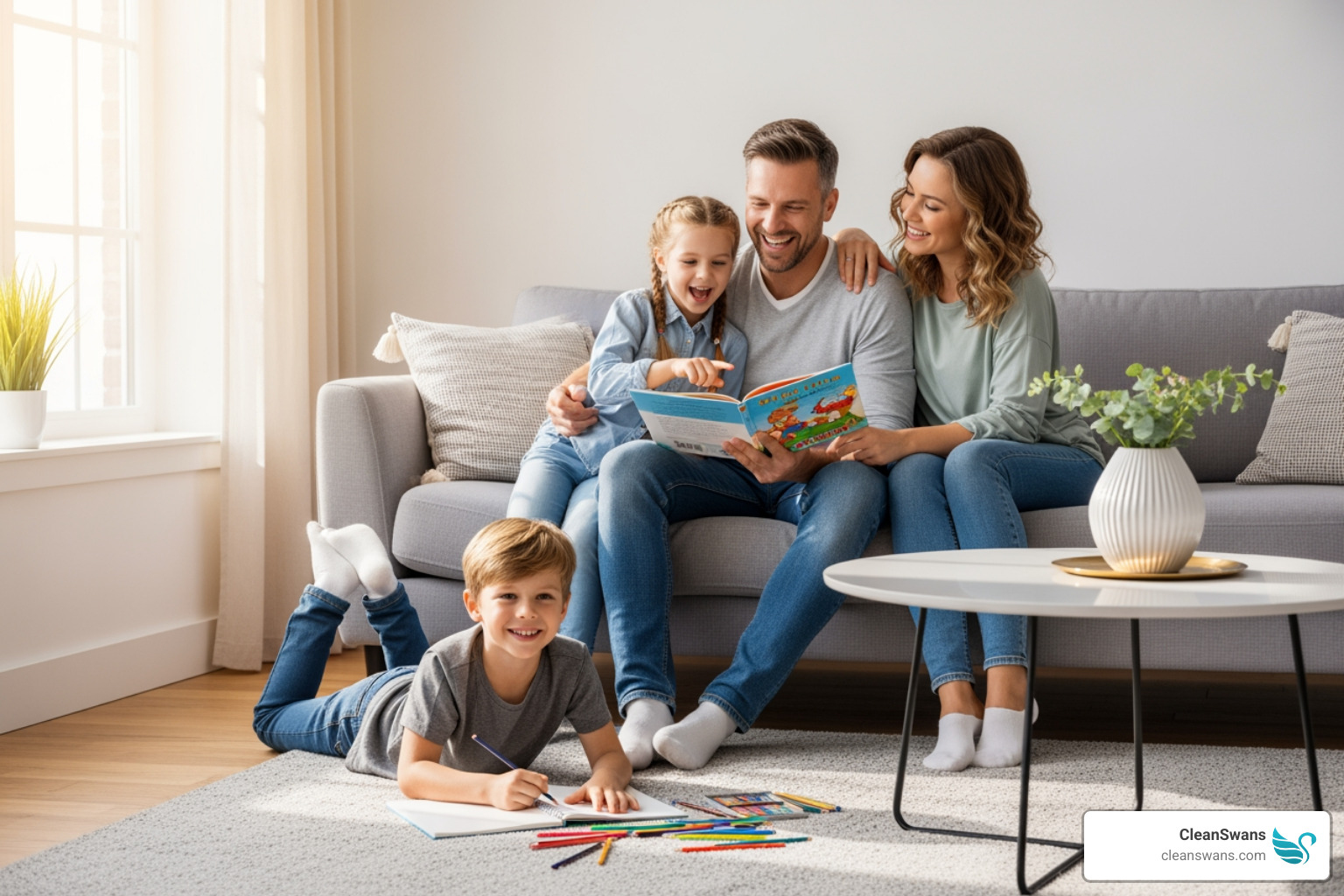 Happy family enjoying their clean living room, free from chores - residential and commercial cleaning