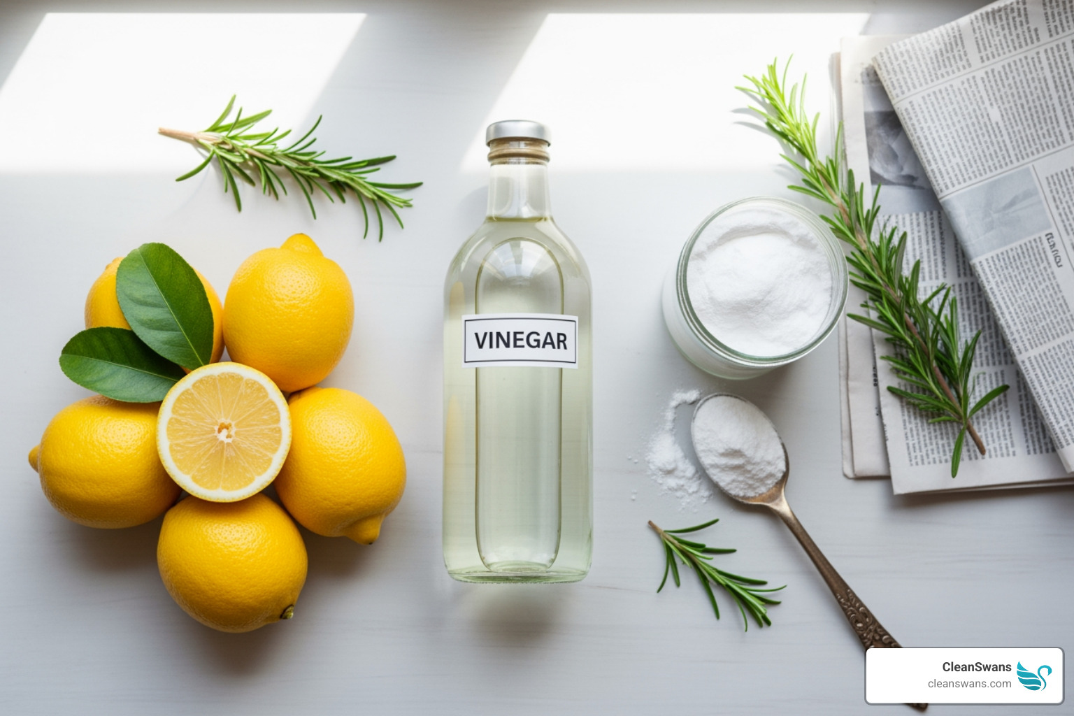 natural ingredients like vinegar, lemons, and baking soda on a clean countertop - pet friendly cleaning