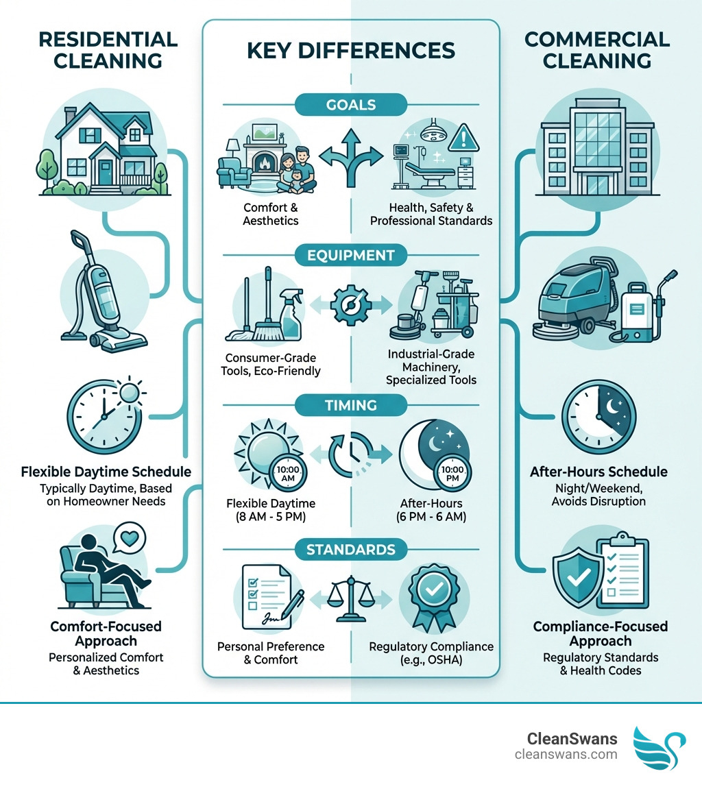 Infographic showing residential cleaning on the left with icons of a home, vacuum cleaner, flexible daytime schedule, and comfort-focused approach; commercial cleaning on the right with icons of an office building, industrial equipment, after-hours schedule, and compliance-focused approach; center comparison showing key differences in goals, equipment, timing, and standards - residential and commercial cleaning infographic 