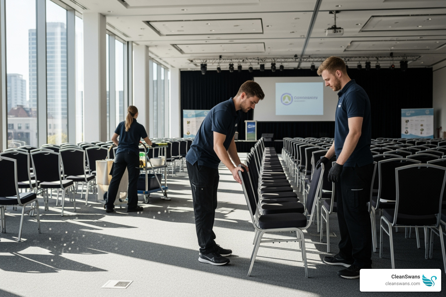 cleaning staff carefully arranging chairs in a conference hall - event cleaning services