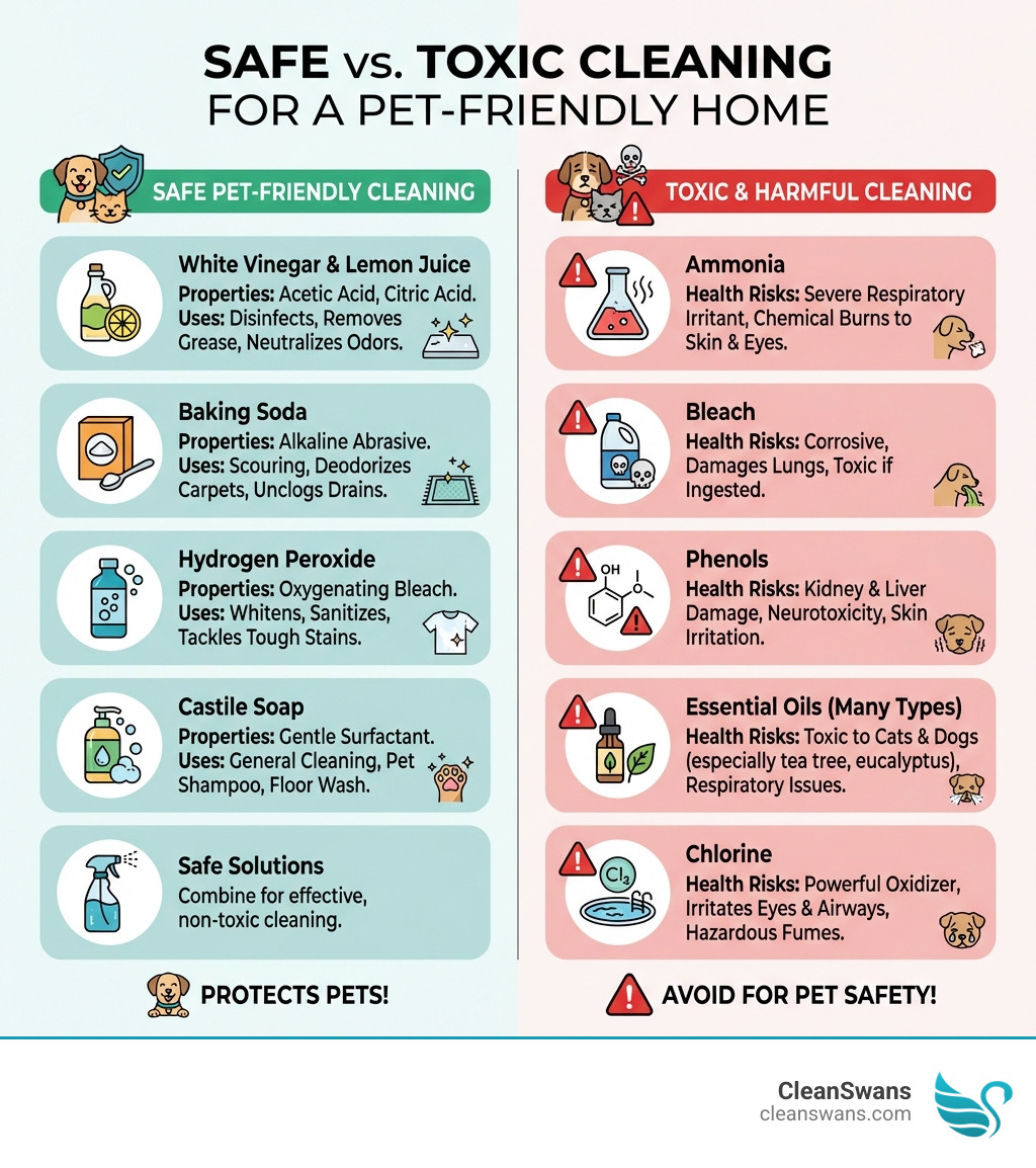 infographic showing comparison of safe cleaning ingredients (vinegar, baking soda, hydrogen peroxide, lemon juice, castile soap) with their specific properties and uses, versus toxic ingredients (ammonia, bleach, phenols, essential oils, chlorine) with warning symbols and health risks to pets - pet friendly cleaning infographic 