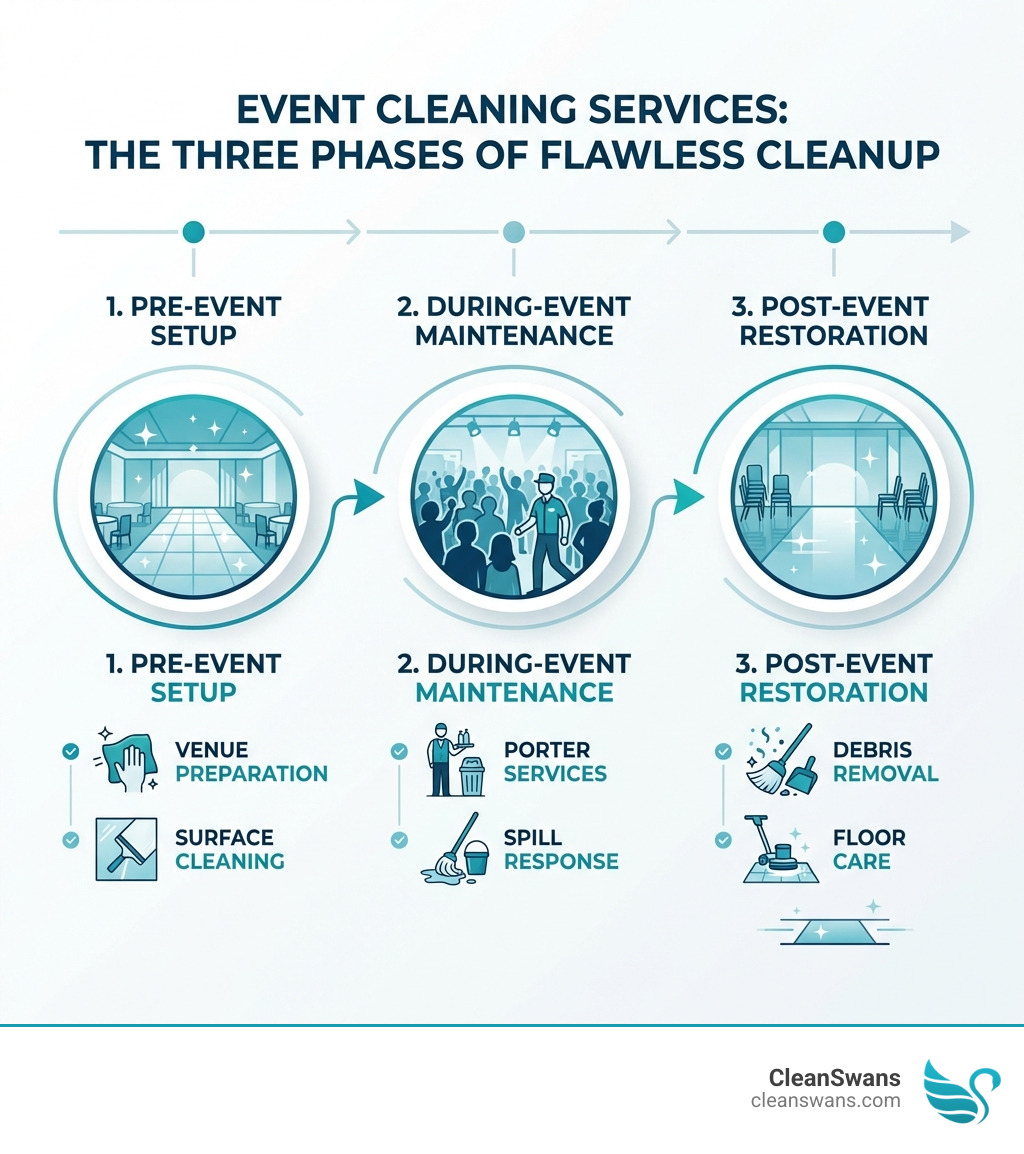 infographic showing three phases of event cleaning services: Pre-Event Setup with venue preparation and surface cleaning, During-Event Maintenance with porter services and spill response, and Post-Event Restoration with debris removal and floor care - event cleaning services infographic 