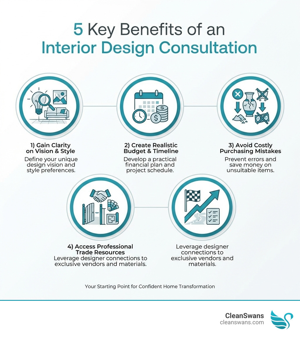 Infographic showing 5 key benefits of interior design consultation: 1) Gain clarity on your design vision and style preferences, 2) Create a realistic budget and timeline, 3) Avoid costly purchasing mistakes, 4) Access professional trade resources and vendor connections, 5) Receive an actionable game plan to move forward confidently - interior design consultation infographic 