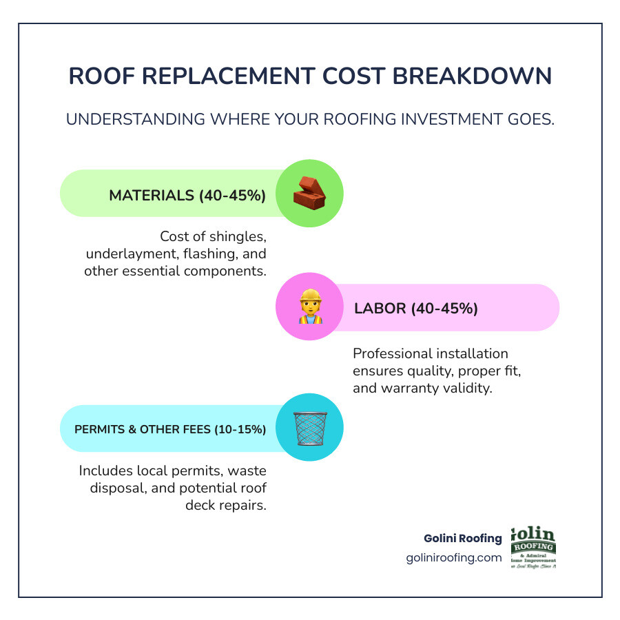infographic showing cost breakdown of roof replacement with three sections: materials 40-45%, labor 40-45%, permits and disposal 10-15% - cheap roofing shingles infographic infographic-line-3-steps-colors infographic showing cost breakdown of roof replacement with three sections: materials 40-45%, labor 40-45%, permits and disposal 10-15% - cheap roofing shingles infographic infographic-line-3-steps-colors