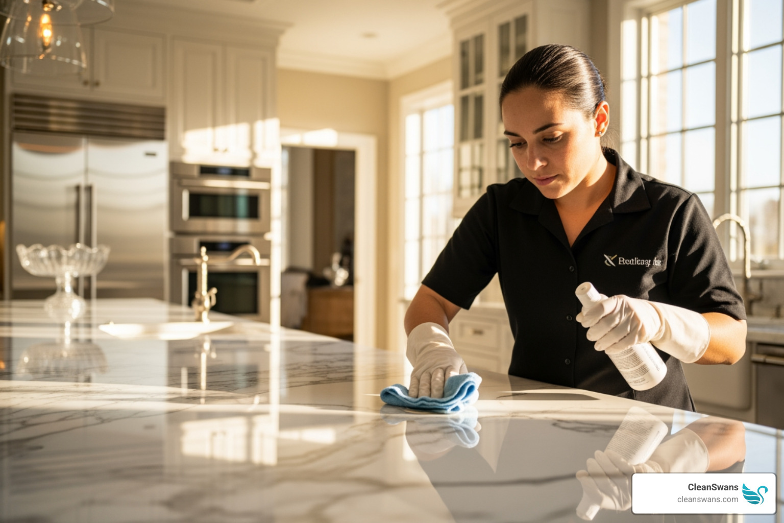 cleaner polishing a high-end surface - luxury cleaning services