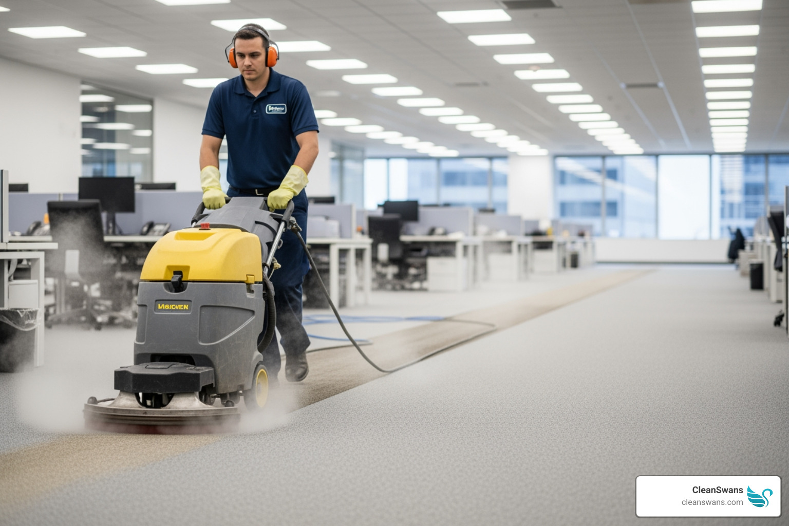 commercial carpet being professionally steam cleaned - commercial building cleaning service