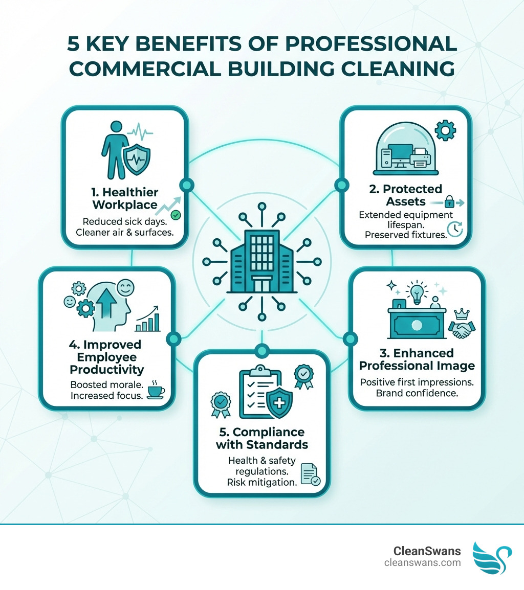infographic showing five key benefits: 1. Healthier workplace with reduced sick days, 2. Protected assets and extended equipment lifespan, 3. Enhanced professional image and first impressions, 4. Improved employee productivity and morale, 5. Compliance with health and safety standards - commercial building cleaning service infographic 
