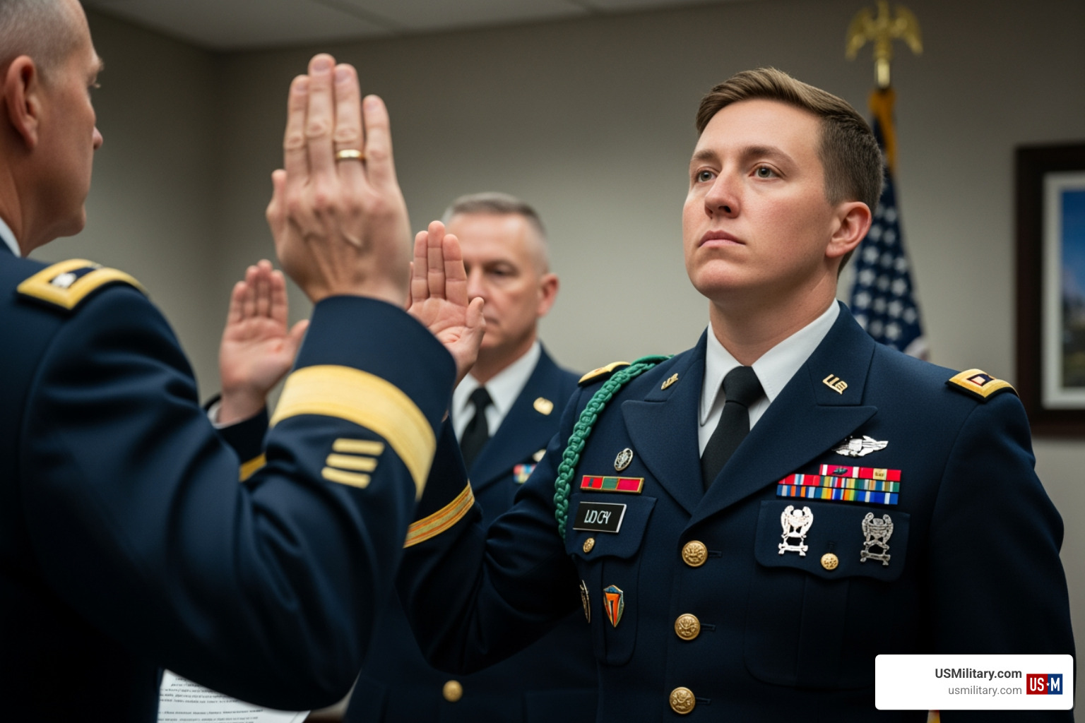 Newly commissioned officer taking the oath - Military enlistment age Newly commissioned officer taking the oath - Military enlistment age