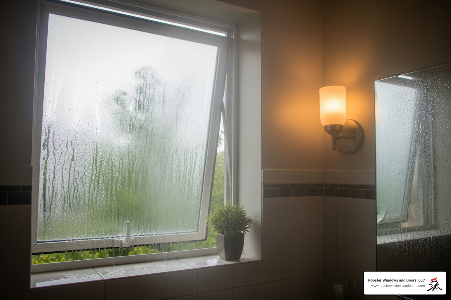 An open awning window in a steamy bathroom, showing proper ventilation - bathroom window replacement