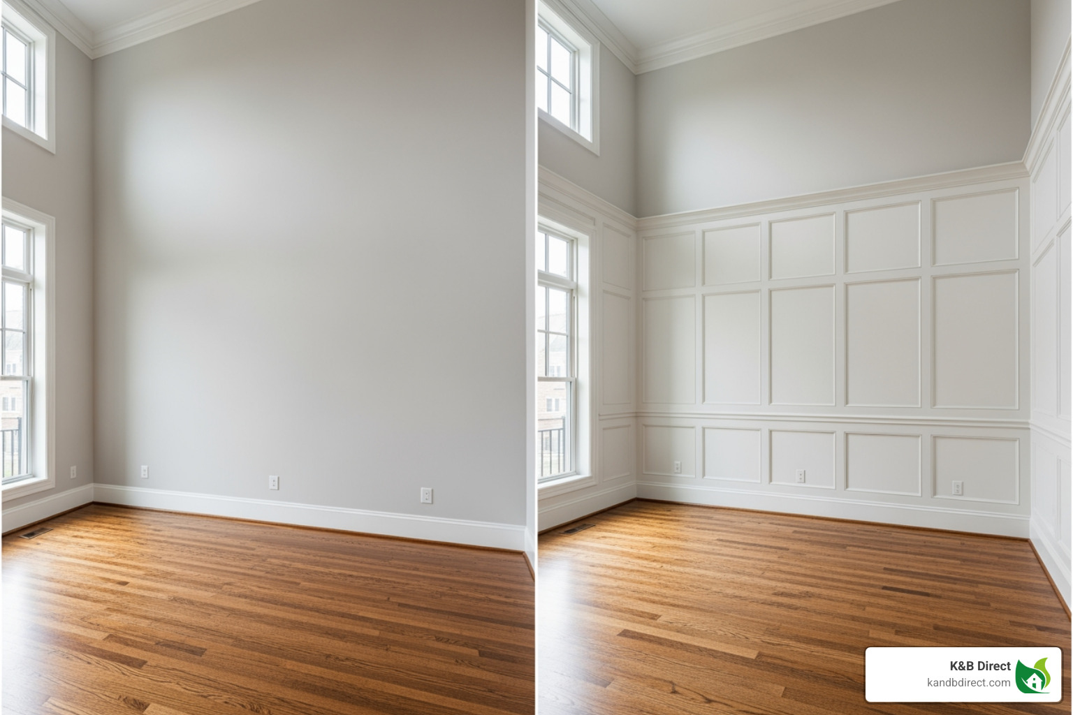 before-and-after of a room with standard vs. tall baseboards - 12 ft baseboard