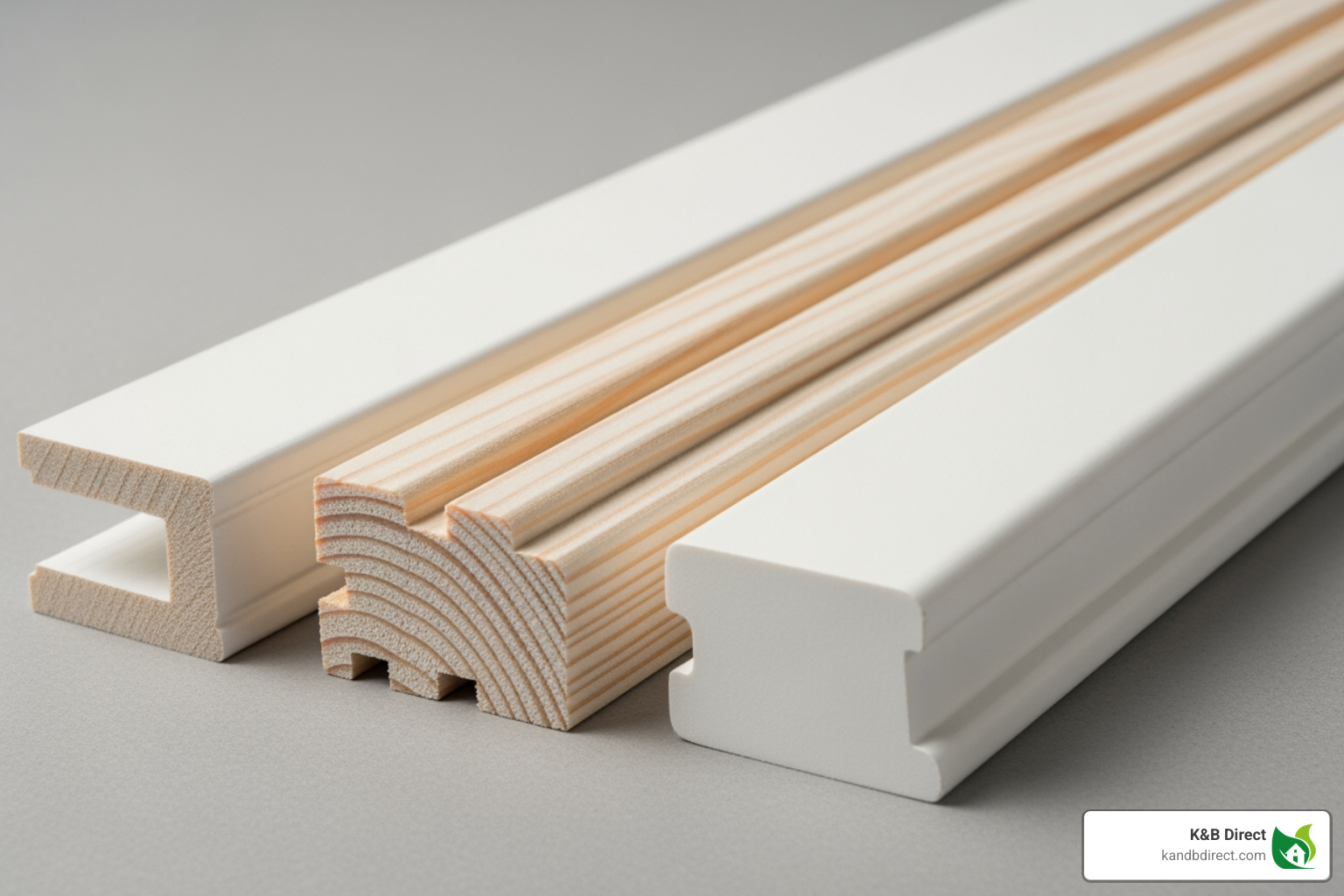 different baseboard material samples including MDF, FJP, and PVC - 12 ft baseboard
