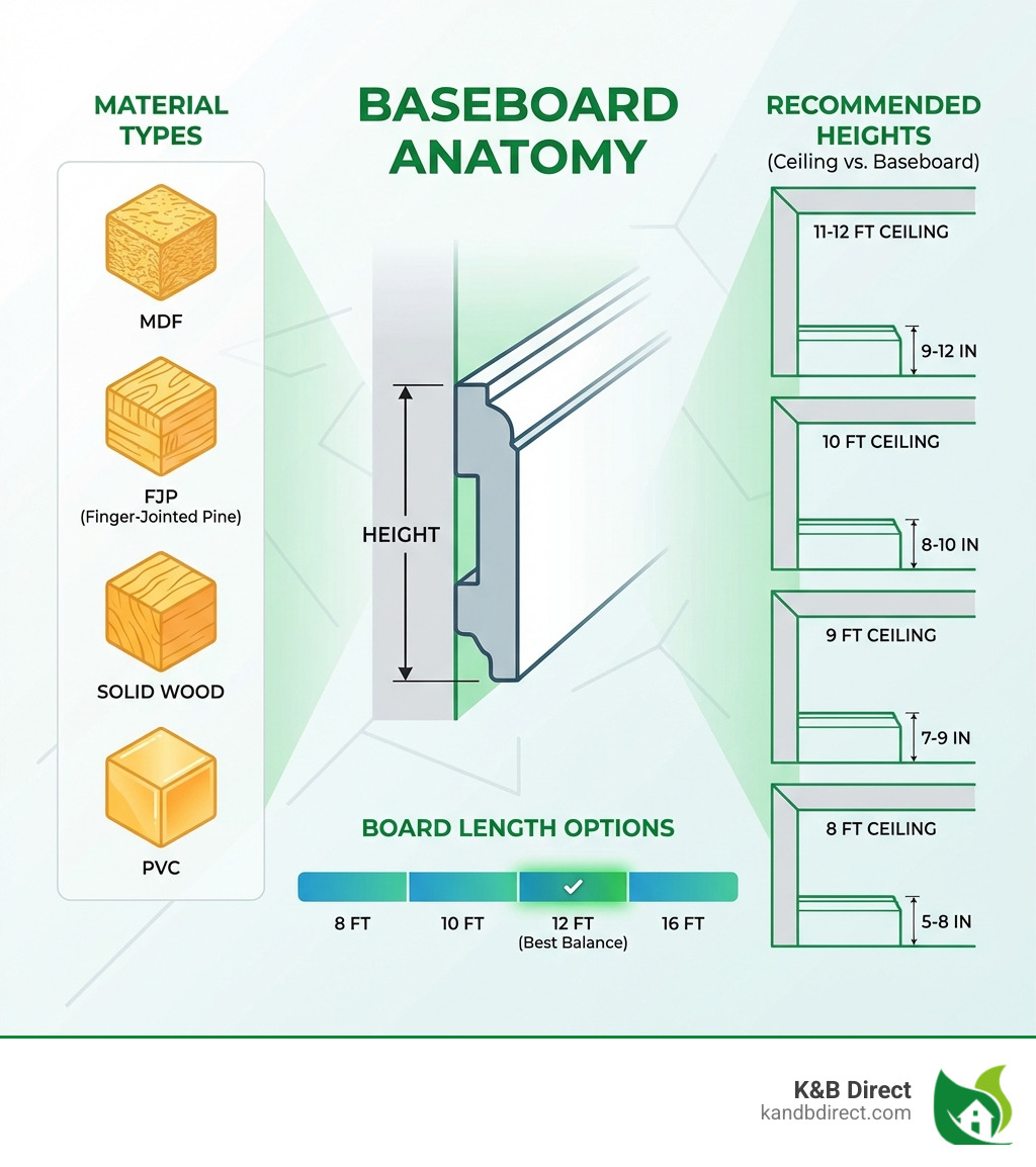 infographic showing baseboard anatomy including height measurements, board length options, material types, and recommended heights for different ceiling heights from 8 to 12 feet - 12 ft baseboard infographic 