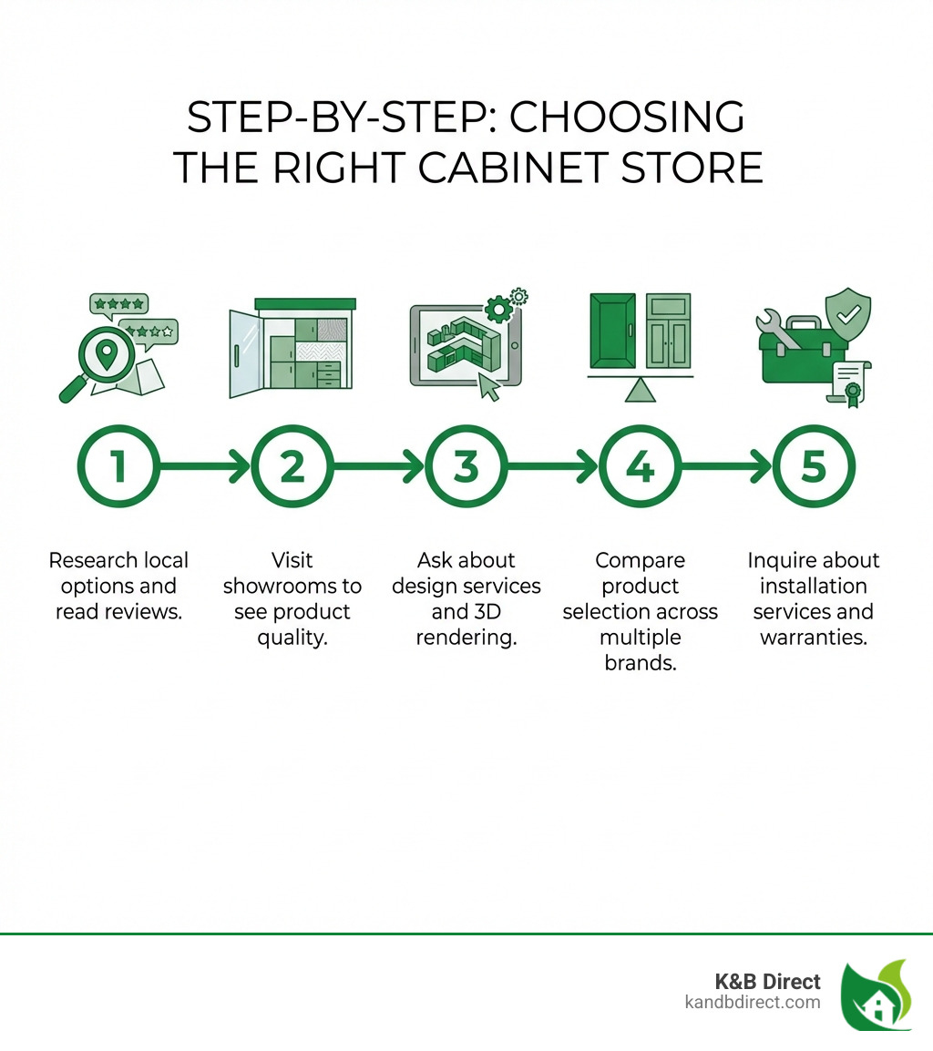 infographic showing step-by-step process for choosing cabinet stores: 1) Research local options and read reviews, 2) Visit showrooms to see product quality, 3) Ask about design services and 3D rendering, 4) Compare product selection across multiple brands, 5) Inquire about installation services and warranties - Cabinet Stores Near Me infographic infographic showing step-by-step process for choosing cabinet stores: 1) Research local options and read reviews, 2) Visit showrooms to see product quality, 3) Ask about design services and 3D rendering, 4) Compare product selection across multiple brands, 5) Inquire about installation services and warranties - Cabinet Stores Near Me infographic