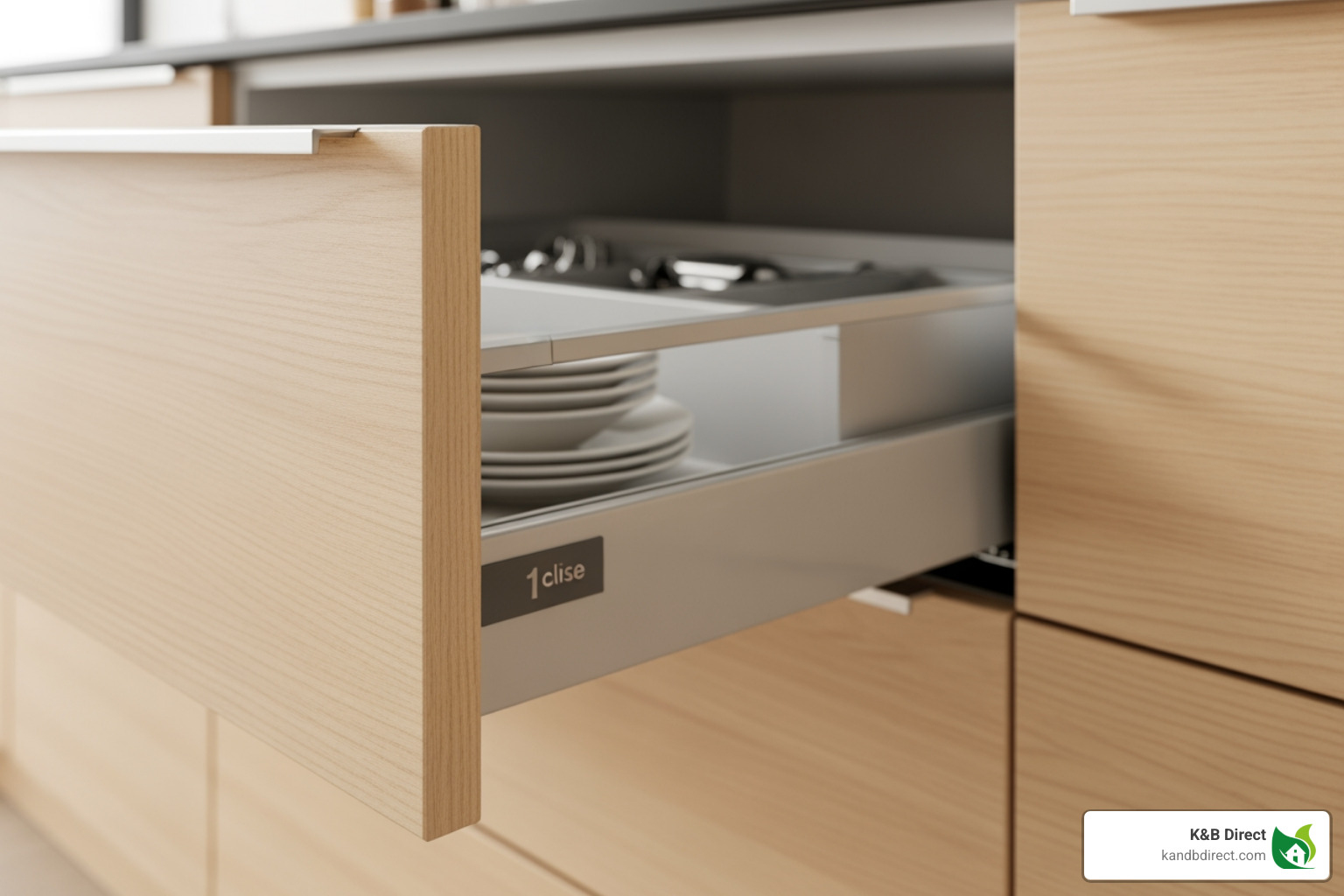 close-up on a soft-close cabinet drawer demonstrating its smooth and quiet operation - Cabinet Stores Near Me close-up on a soft-close cabinet drawer demonstrating its smooth and quiet operation - Cabinet Stores Near Me