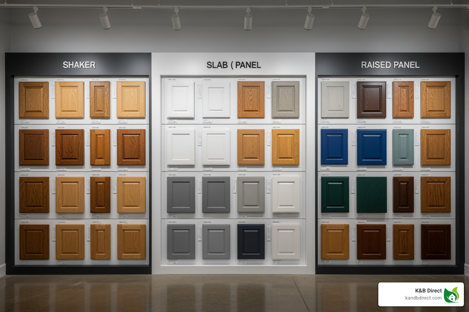 wall display showing various cabinet door styles like Shaker, slab, and raised panel - Cabinet Stores Near Me wall display showing various cabinet door styles like Shaker, slab, and raised panel - Cabinet Stores Near Me