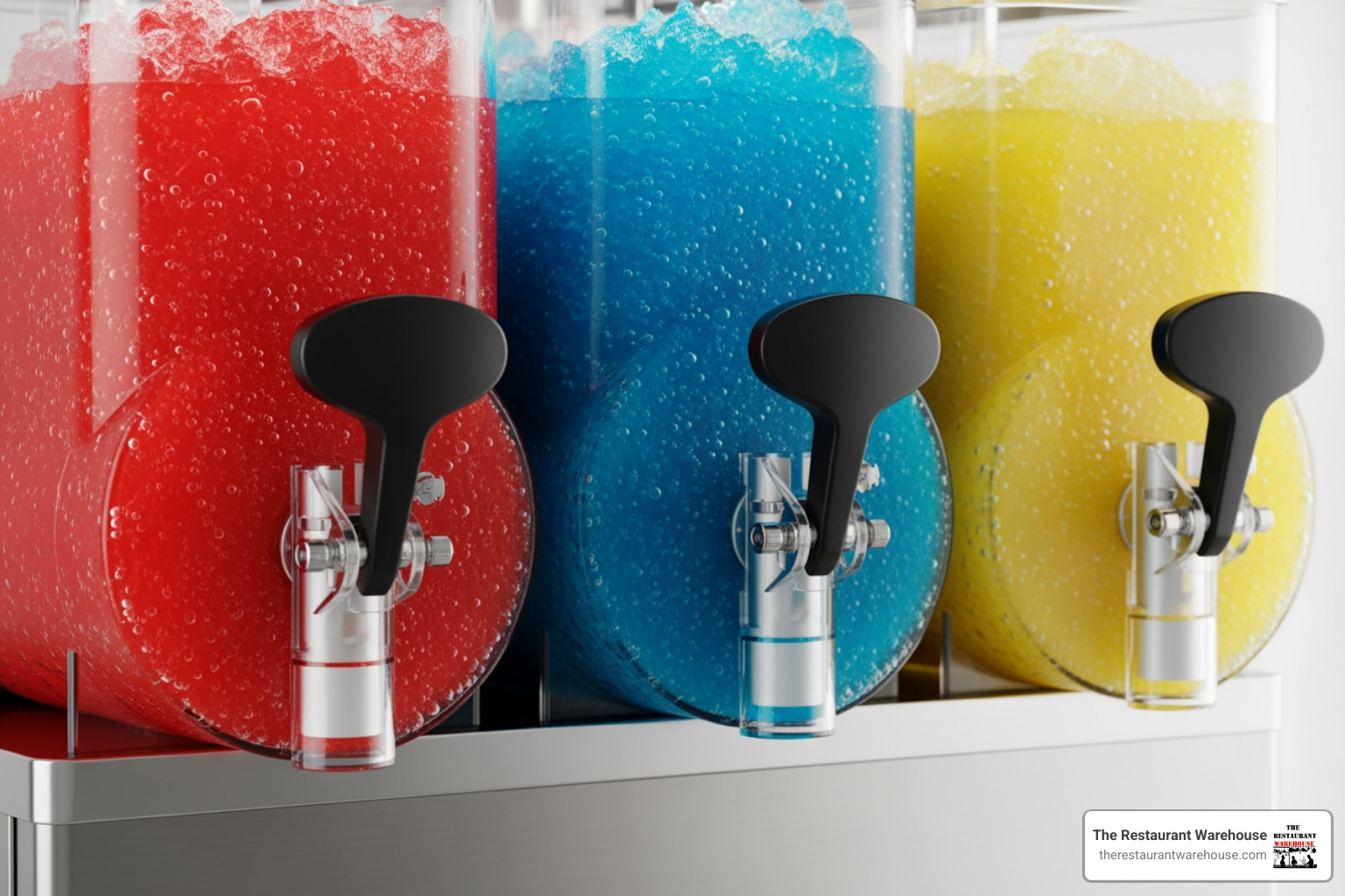 close-up on the durable, clear polycarbonate bowls and stainless steel base of a slush machine - 3 bowl slush machine