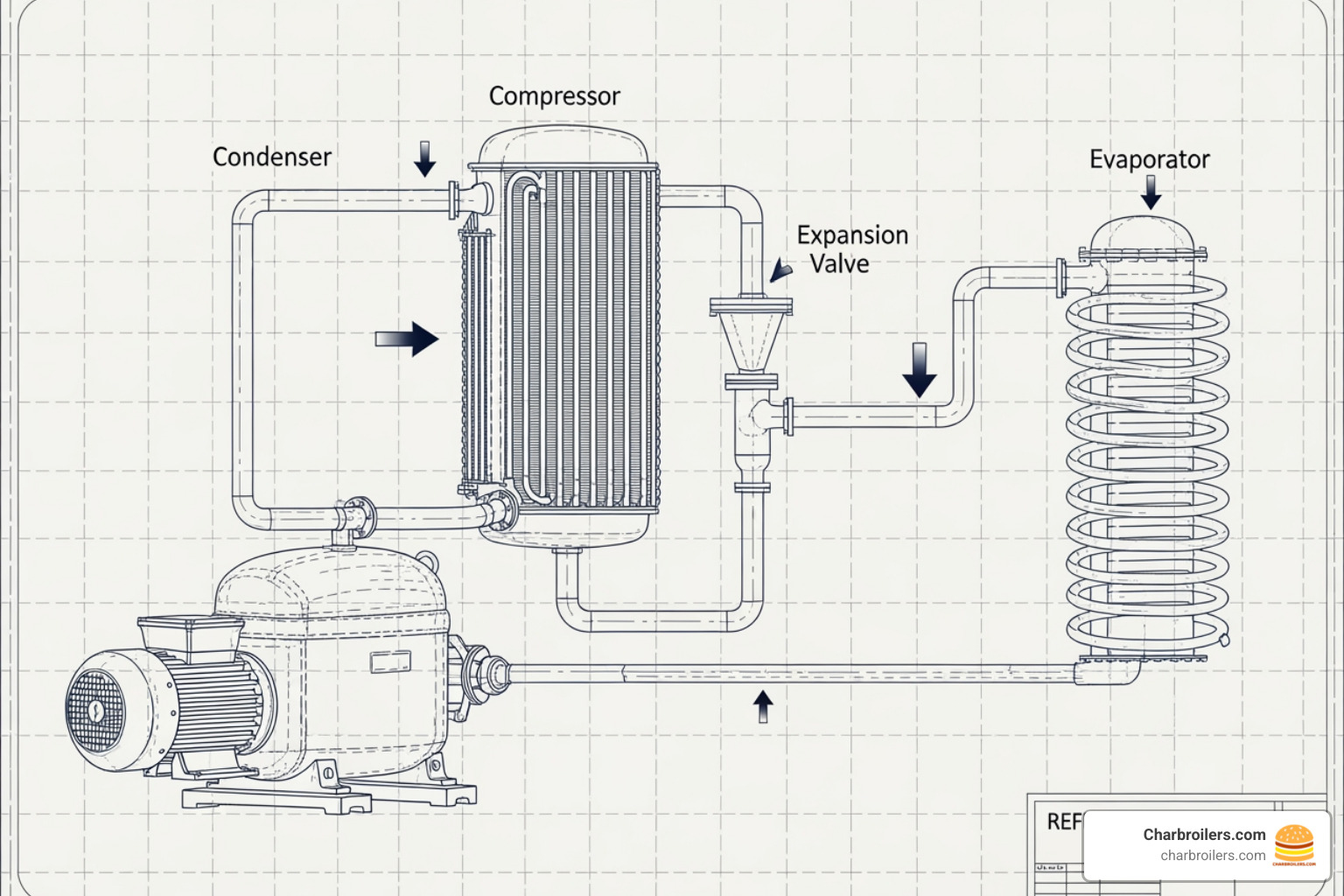 diagram illustrating the four main components of the refrigeration cycle - how commercial ice makers work
