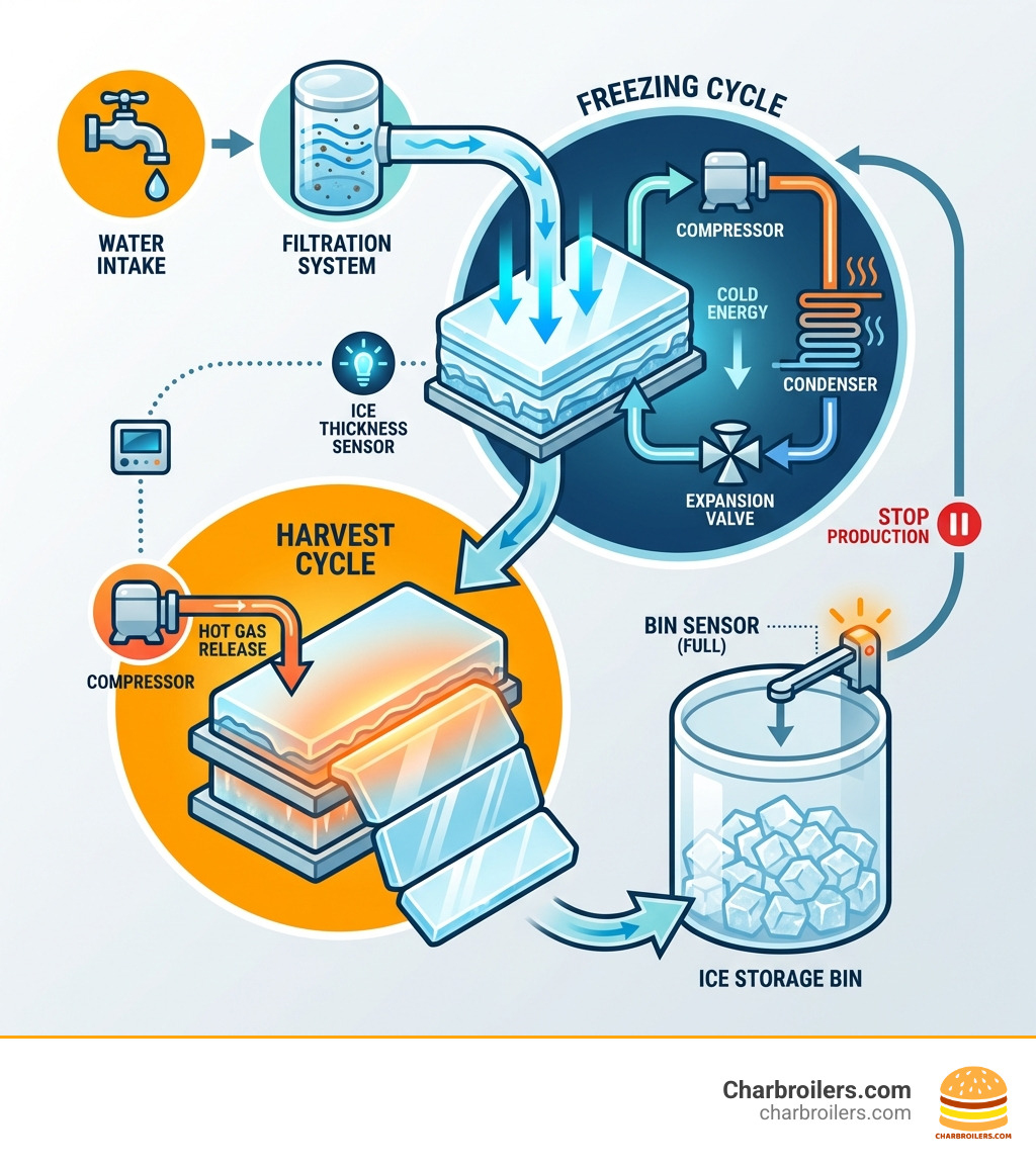infographic showing the complete commercial ice maker cycle: water intake through filtration system, flow over evaporator plate where refrigeration cycle freezes water layer by layer, ice thickness sensor triggering harvest cycle with hot gas release, ice sheet falling into storage bin, and bin sensor stopping production when full - how commercial ice makers work infographic 