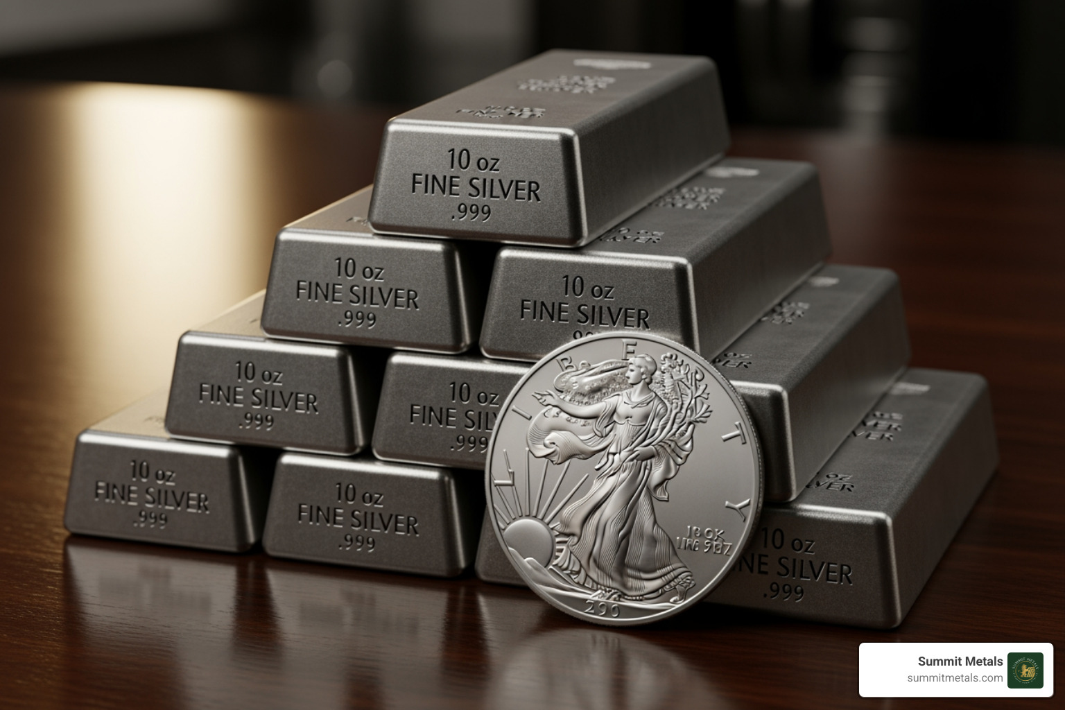 A stack of generic 10oz silver bars next to a single American Silver Eagle coin - silver IRA eligible