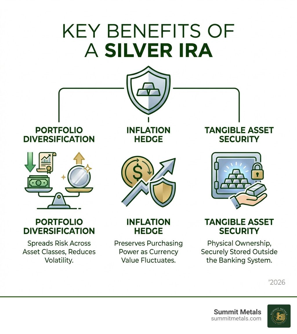 Infographic explaining the key benefits of a Silver IRA: Portfolio Diversification, Inflation Hedge, and Tangible Asset Security - silver IRA eligible infographic 