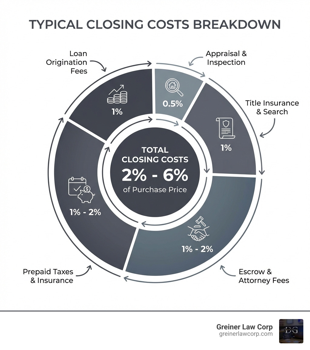 infographic showing breakdown of typical closing costs: loan origination fees 1%, appraisal and inspection 0.5%, title insurance and search 1%, escrow and attorney fees 1-2%, prepaid taxes and insurance 1-2%, with total ranging from 2-6% of purchase price - closing costs lawyer infographic 