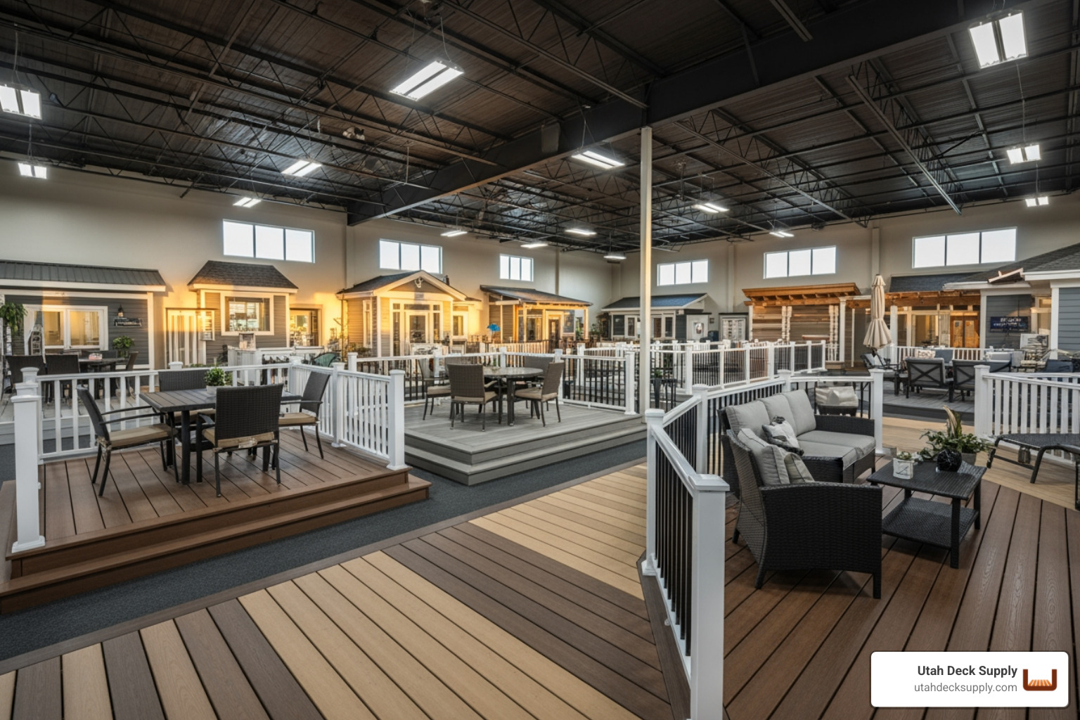 full-scale deck display within a showroom, complete with railings and outdoor furniture, afternoon lighting - deck showrooms full-scale deck display within a showroom, complete with railings and outdoor furniture, afternoon lighting - deck showrooms