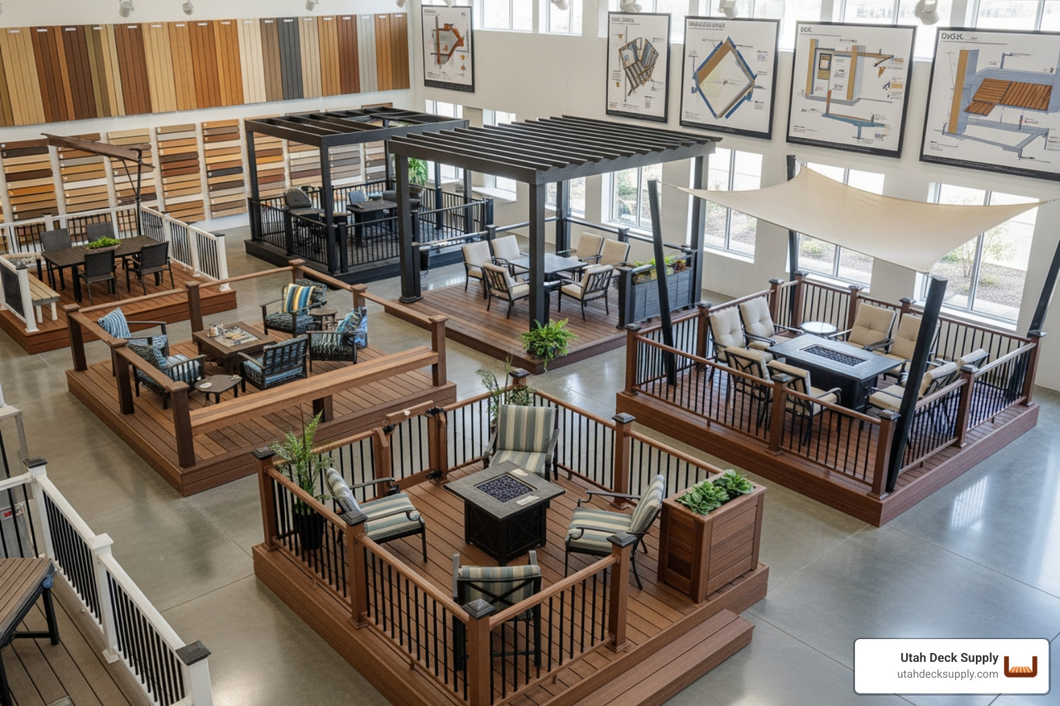 customer touching and comparing different composite deck board samples - deck showrooms customer touching and comparing different composite deck board samples - deck showrooms