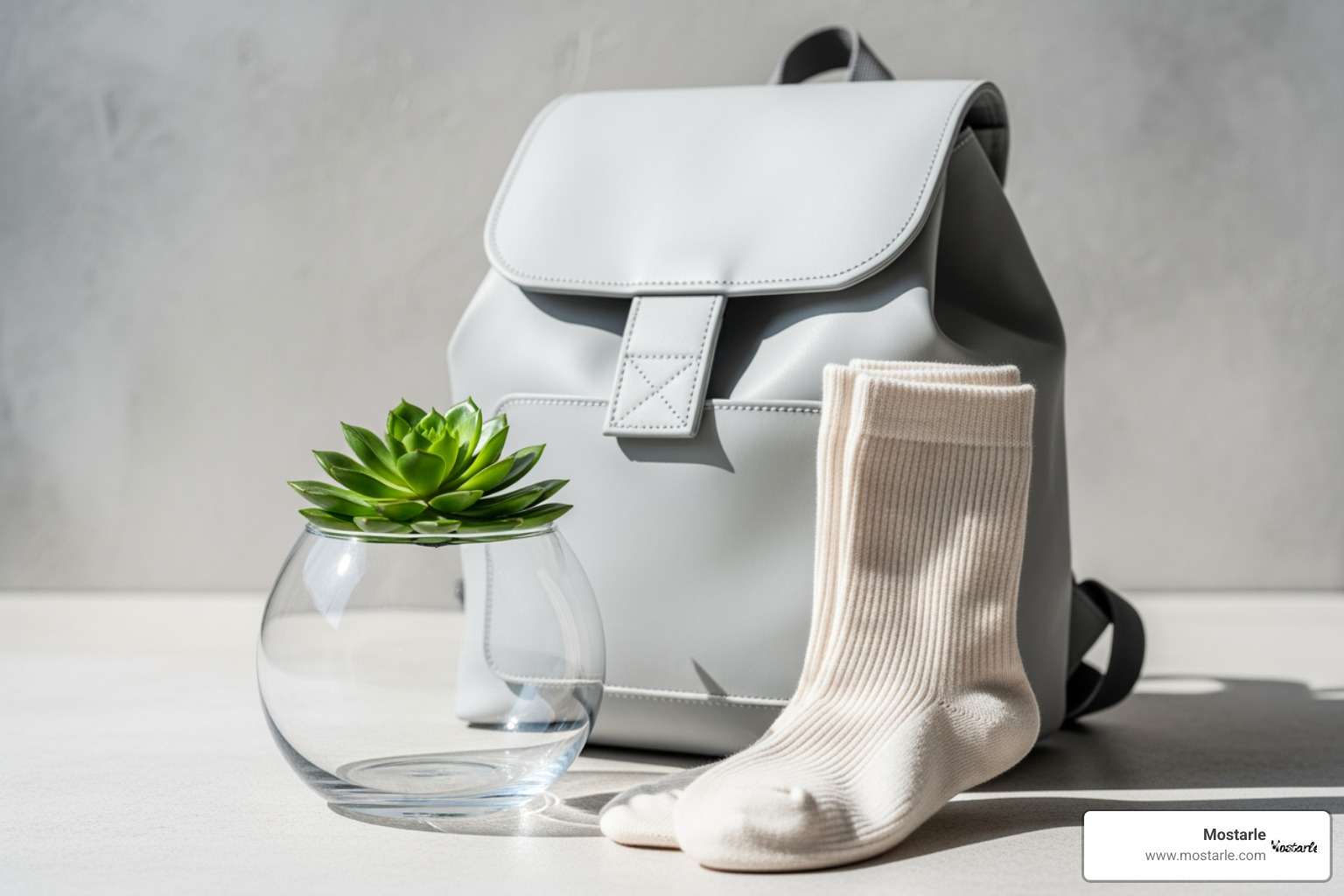 Recycled material gifts including a backpack, glass planter, and cotton socks - recycled material gifts