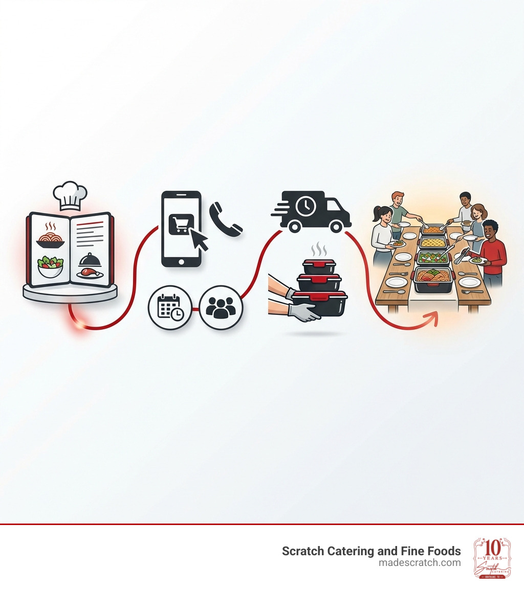 Infographic showing the drop-off catering process: Step 1 - Select Your Menu from our chef-designed options including pasta, salads, and entrees. Step 2 - Place Your Order online or by phone with your guest count and delivery time. Step 3 - Receive Your Delivery with food arriving in professional containers at your specified time. Step 4 - Set Up & Enjoy by arranging the dishes and letting guests serve themselves. - drop off catering infographic Infographic showing the drop-off catering process: Step 1 - Select Your Menu from our chef-designed options including pasta, salads, and entrees. Step 2 - Place Your Order online or by phone with your guest count and delivery time. Step 3 - Receive Your Delivery with food arriving in professional containers at your specified time. Step 4 - Set Up & Enjoy by arranging the dishes and letting guests serve themselves. - drop off catering infographic