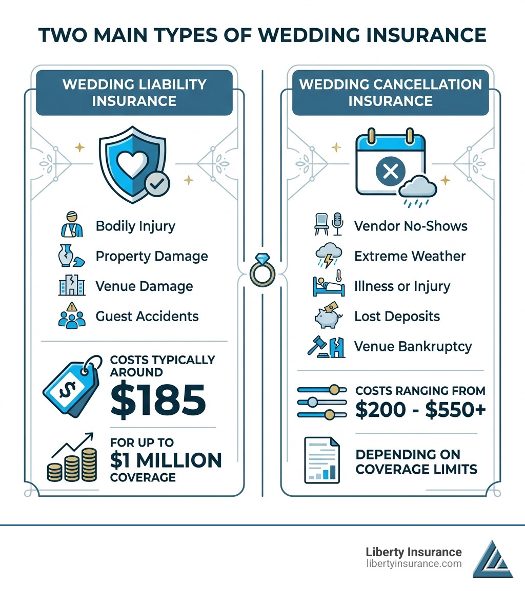 Infographic showing the two main types of wedding insurance: Wedding Liability Insurance covering bodily injury, property damage, venue damage, and guest accidents with costs typically around $185 for up to $1 million coverage; and Wedding Cancellation Insurance covering vendor no-shows, extreme weather, illness or injury, lost deposits, and venue bankruptcy with costs ranging from $200-$550+ depending on coverage limits - wedding insurance price infographic 