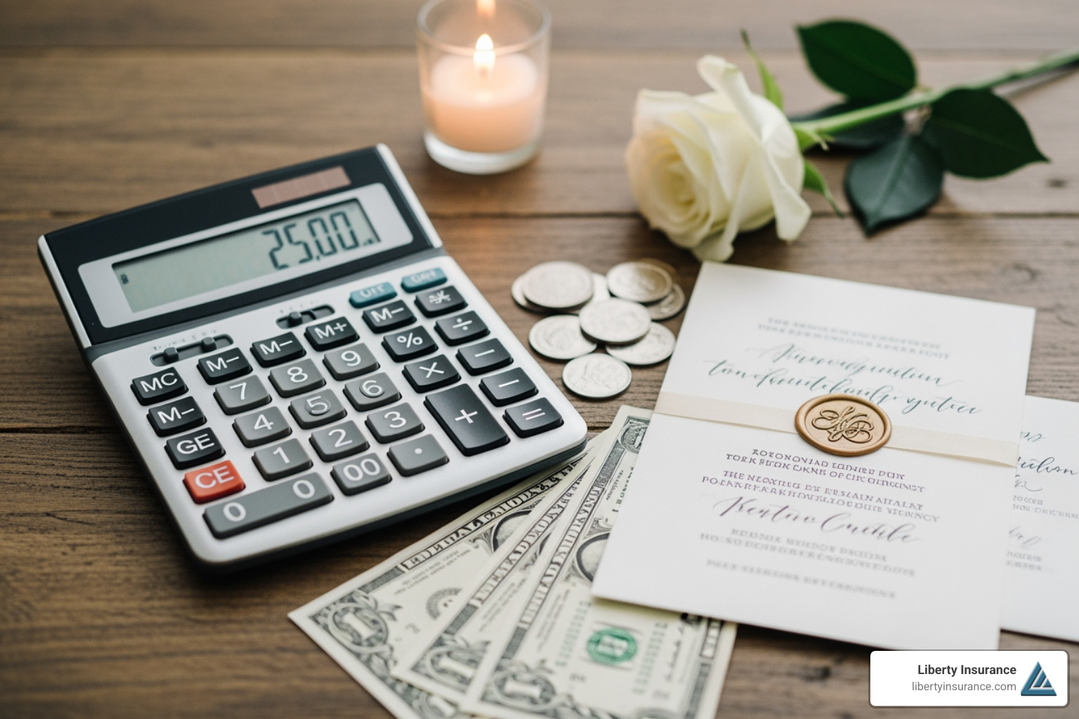 calculator and a wedding invitation, symbolizing budgeting for wedding insurance - wedding insurance price