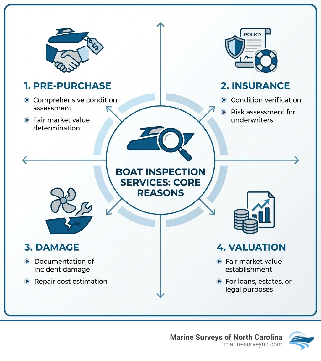 Infographic showing the four main reasons for a boat inspection: Pre-Purchase (comprehensive condition assessment and fair market value determination), Insurance (condition verification and risk assessment for underwriters), Damage (documentation of incident damage and repair cost estimation), and Valuation (fair market value establishment for loans, estates, or legal purposes) - boat inspection services infographic Infographic showing the four main reasons for a boat inspection: Pre-Purchase (comprehensive condition assessment and fair market value determination), Insurance (condition verification and risk assessment for underwriters), Damage (documentation of incident damage and repair cost estimation), and Valuation (fair market value establishment for loans, estates, or legal purposes) - boat inspection services infographic