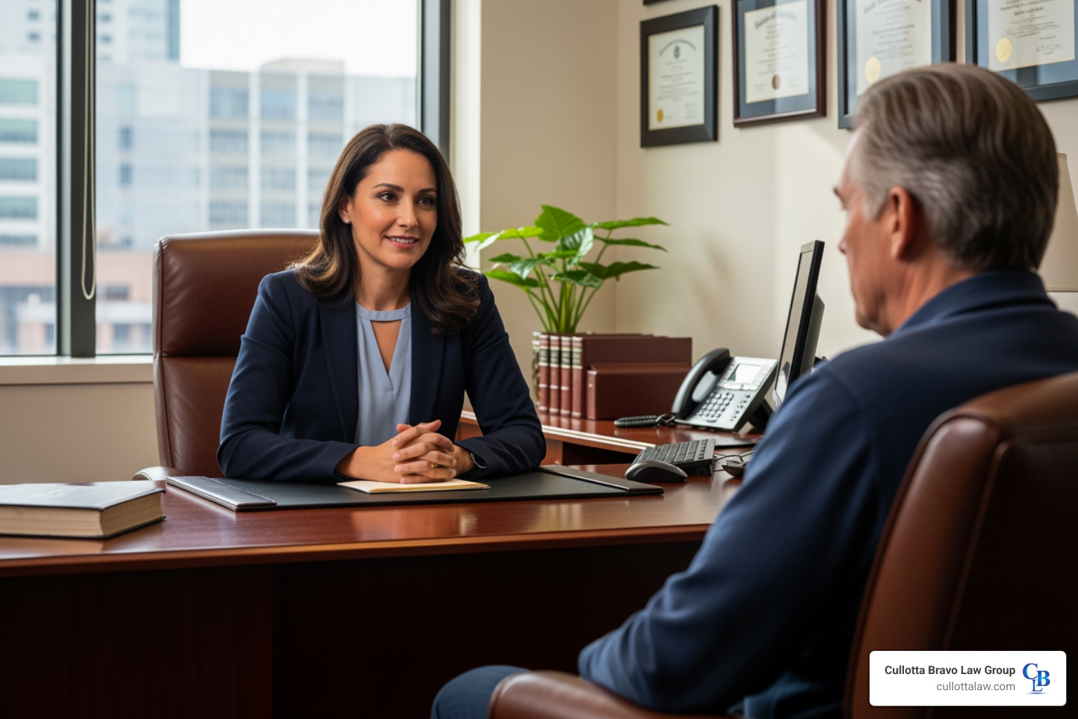 of a lawyer compassionately listening to a client in an office setting - boating accident attorney near me