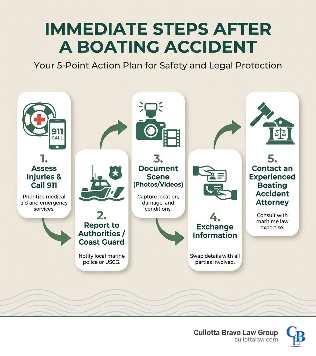 infographic showing 5 immediate steps after a boating accident: 1. Check for injuries and call 911, 2. Report to Coast Guard or local authorities, 3. Document scene with photos and videos, 4. Exchange information with all parties, 5. Contact an experienced boating accident attorney - boating accident attorney near me infographic 