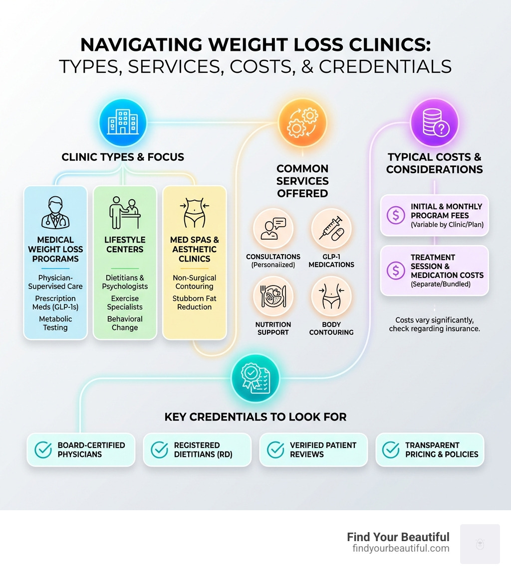 Comprehensive infographic showing the different types of weight loss clinics (Medical Weight Loss Programs, Lifestyle Centers, Med Spas), common services offered (consultations, GLP-1 medications, nutrition support, body contouring), typical costs, and key credentials to look for when choosing a provider - weight loss clinic near me infographic 