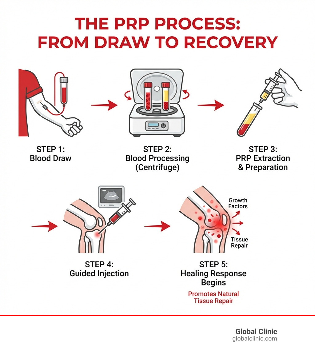 Infographic showing the PRP process: Step 1 - Blood draw from patient's arm; Step 2 - Blood processing in centrifuge to concentrate platelets; Step 3 - Platelet-rich plasma extracted and prepared for injection; Step 4 - PRP injected into injured area under guidance; Step 5 - Body's healing response begins with growth factors promoting tissue repair - how soon can i walk after prp injection infographic 