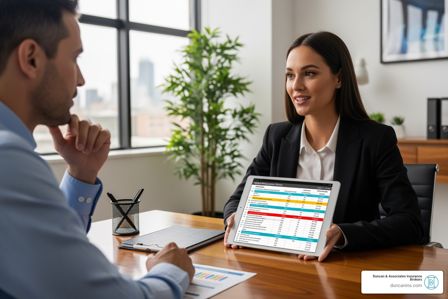 broker presenting plan comparison charts on a tablet - small business health insurance broker washington state broker presenting plan comparison charts on a tablet - small business health insurance broker washington state