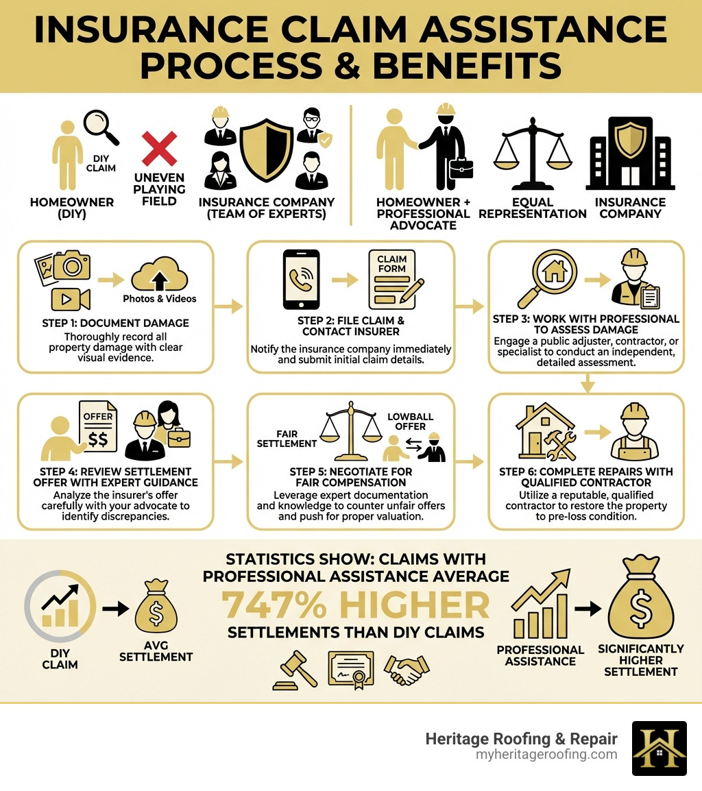 Infographic showing the insurance claim assistance process: Step 1 - Document damage with photos and videos; Step 2 - Contact insurance company and file claim; Step 3 - Work with professional to assess damage; Step 4 - Review settlement offer with expert guidance; Step 5 - Negotiate for fair compensation; Step 6 - Complete repairs with qualified contractor. Includes icons showing that insurance companies have teams of experts while homeowners need their own advocates, and statistics showing claims with professional assistance average 747% higher settlements than DIY claims. - insurance claim assistance infographic Infographic showing the insurance claim assistance process: Step 1 - Document damage with photos and videos; Step 2 - Contact insurance company and file claim; Step 3 - Work with professional to assess damage; Step 4 - Review settlement offer with expert guidance; Step 5 - Negotiate for fair compensation; Step 6 - Complete repairs with qualified contractor. Includes icons showing that insurance companies have teams of experts while homeowners need their own advocates, and statistics showing claims with professional assistance average 747% higher settlements than DIY claims. - insurance claim assistance infographic