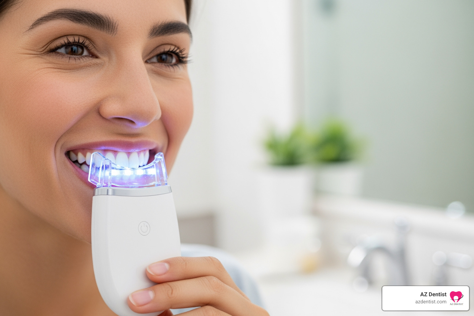 person smiling while using LED teeth whitening kit - best led teeth whitening